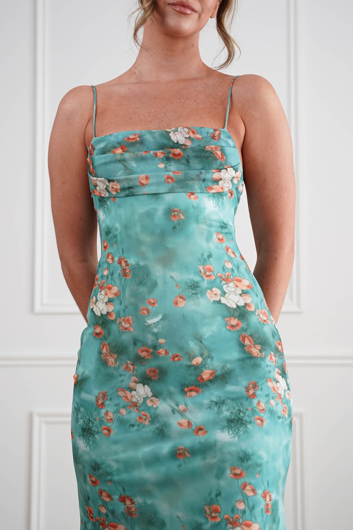 Belara Cowl Neck Slip Printed Midi Dress | Green-Oh Hello Clothing