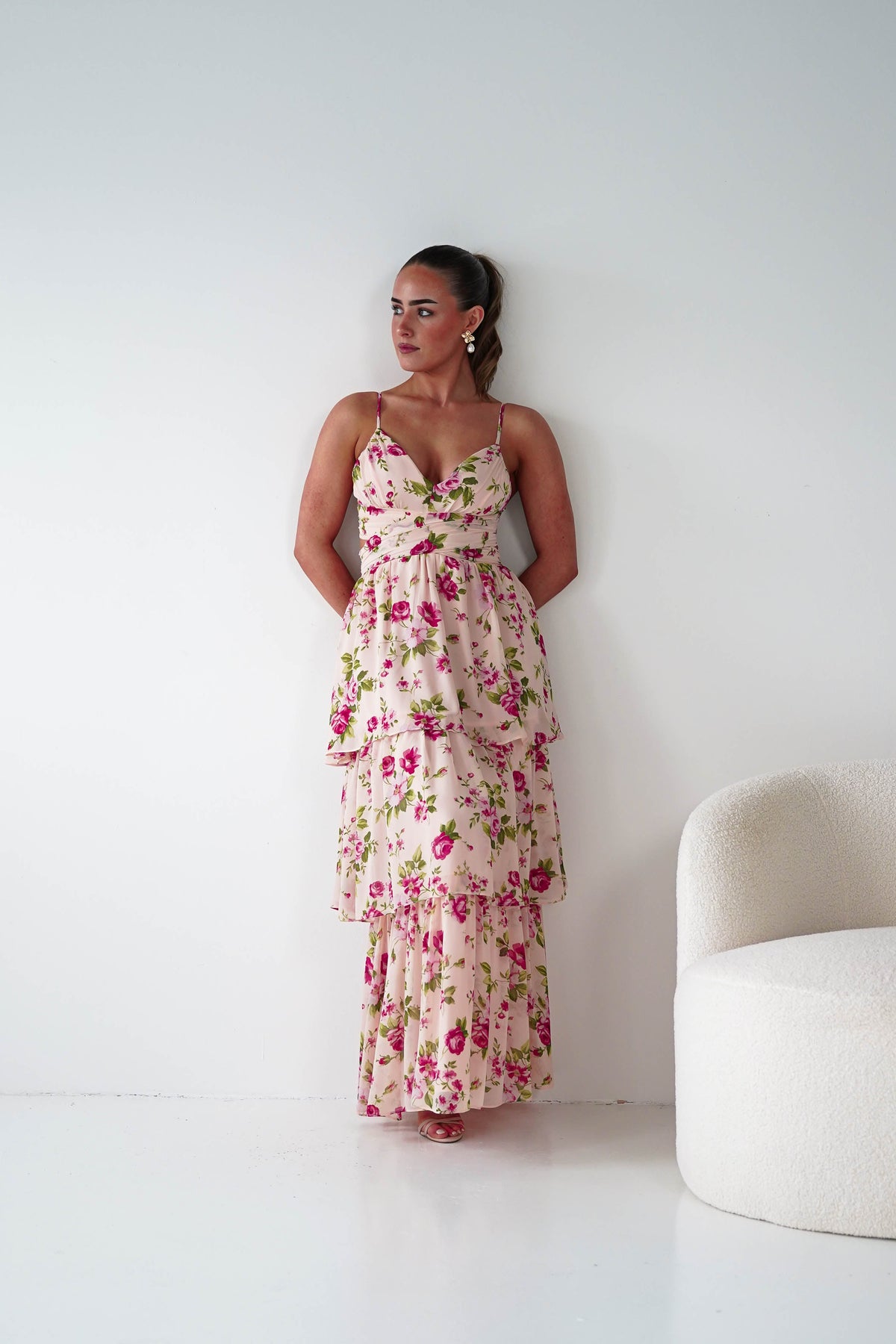 Bella Rose Print Lace-Up Tiered Maxi Dress | Peach-Oh Hello Clothing