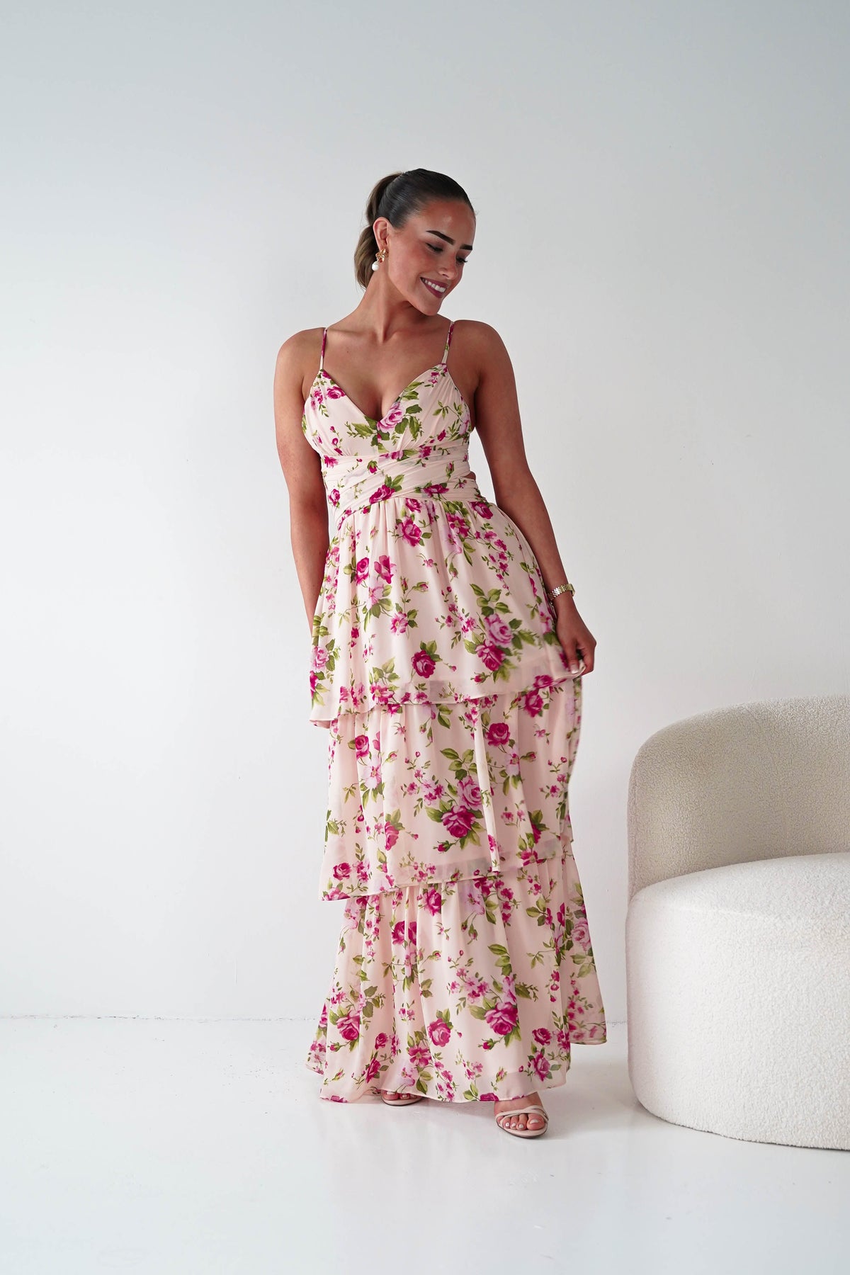 Bella Rose Print Lace-Up Tiered Maxi Dress | Peach-Oh Hello Clothing