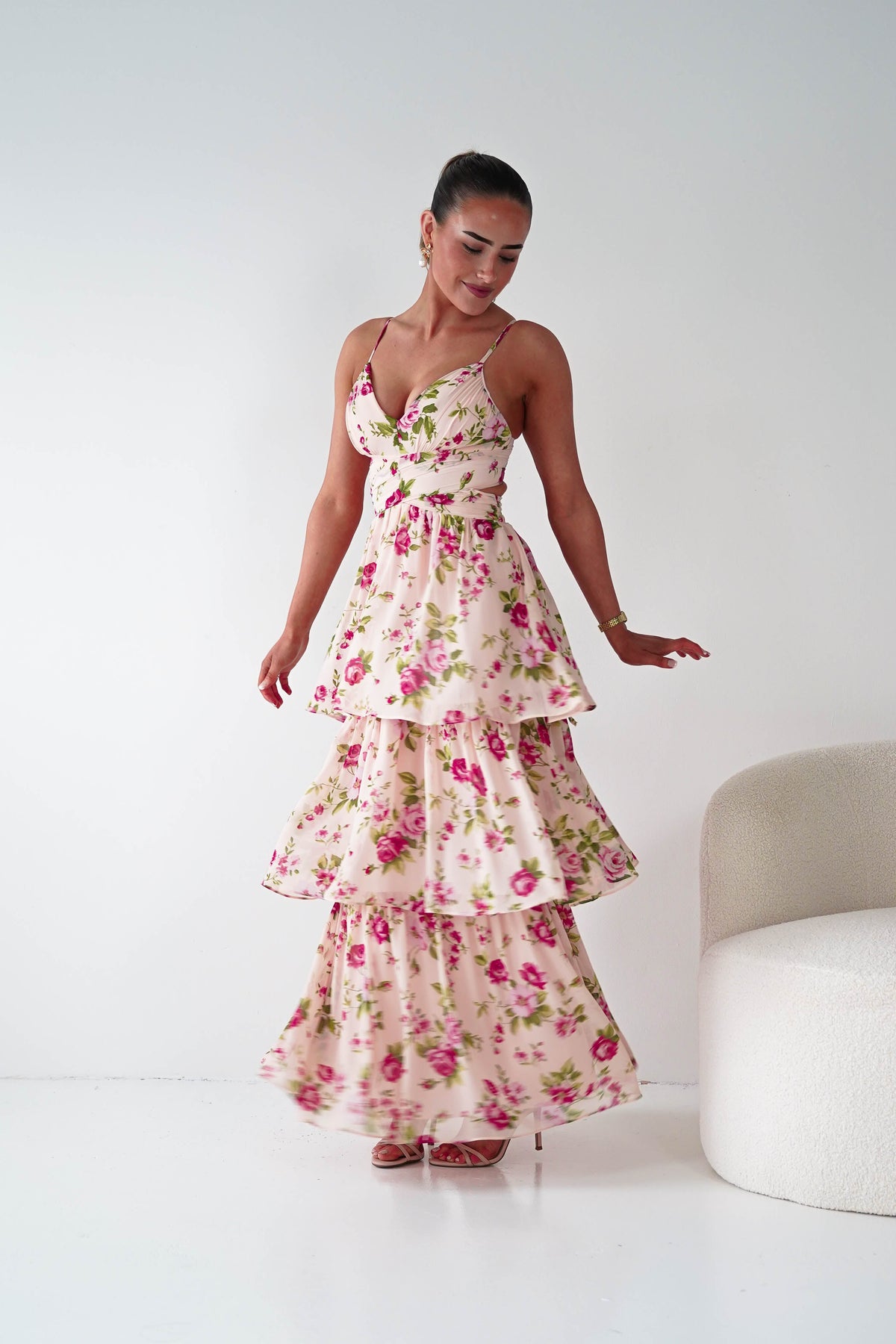 Bella Rose Print Lace-Up Tiered Maxi Dress | Peach-Oh Hello Clothing