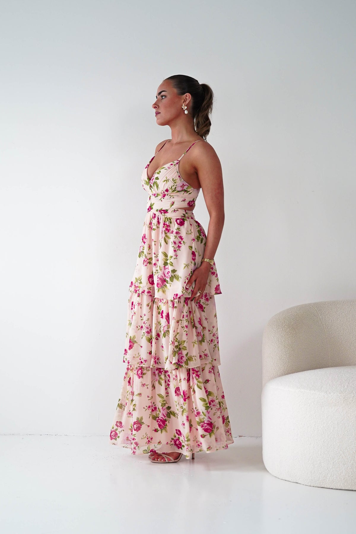 Bella Rose Print Lace-Up Tiered Maxi Dress | Peach-Oh Hello Clothing