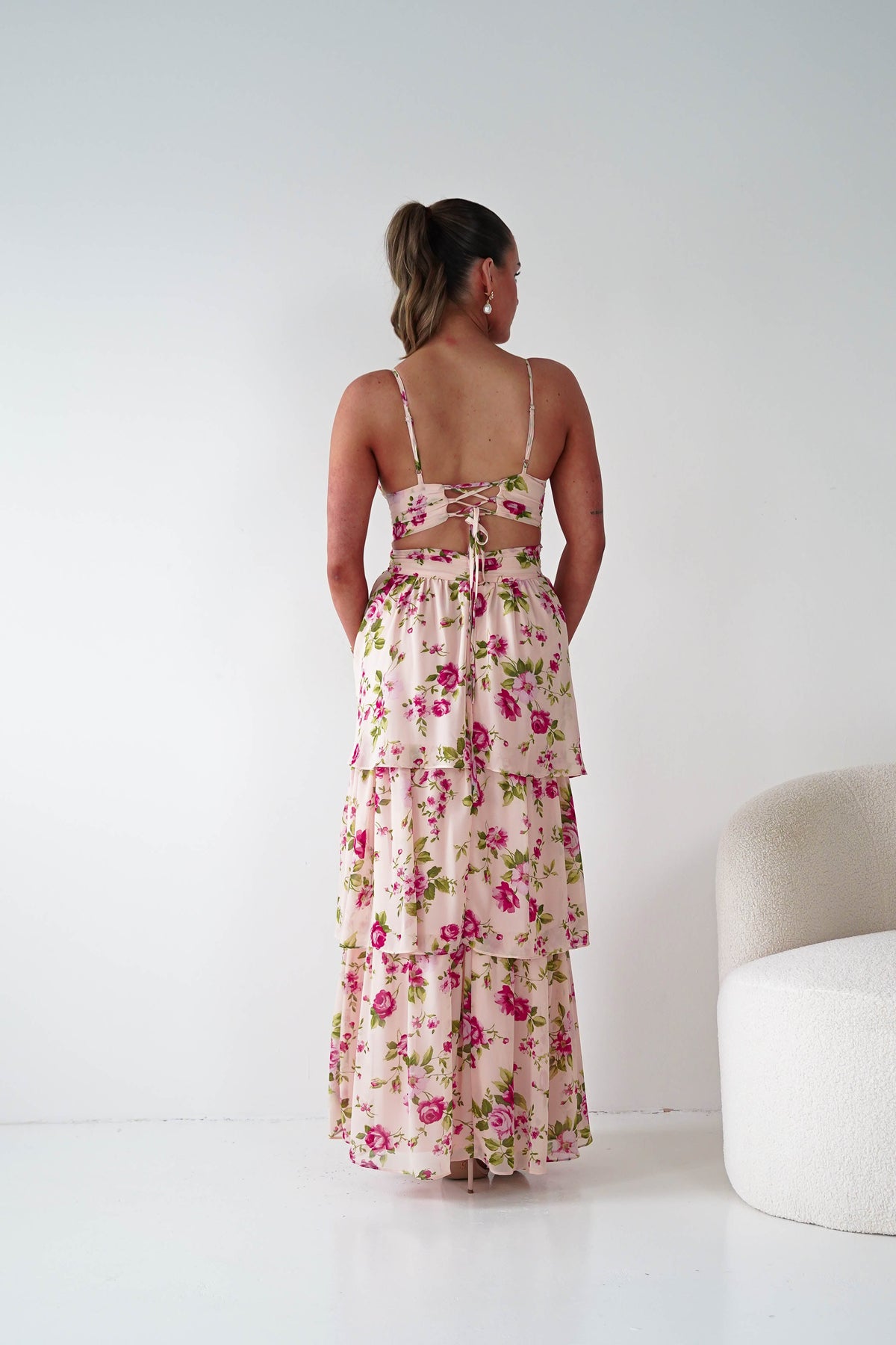 Bella Rose Print Lace-Up Tiered Maxi Dress | Peach-Oh Hello Clothing