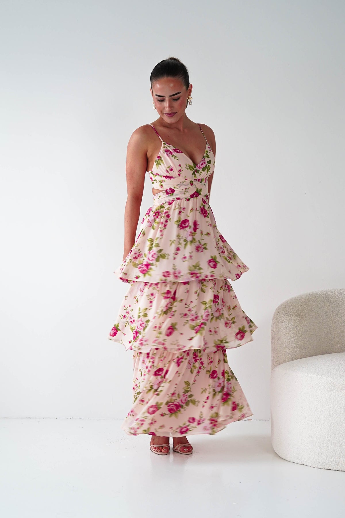 Bella Rose Print Lace-Up Tiered Maxi Dress | Peach-Oh Hello Clothing