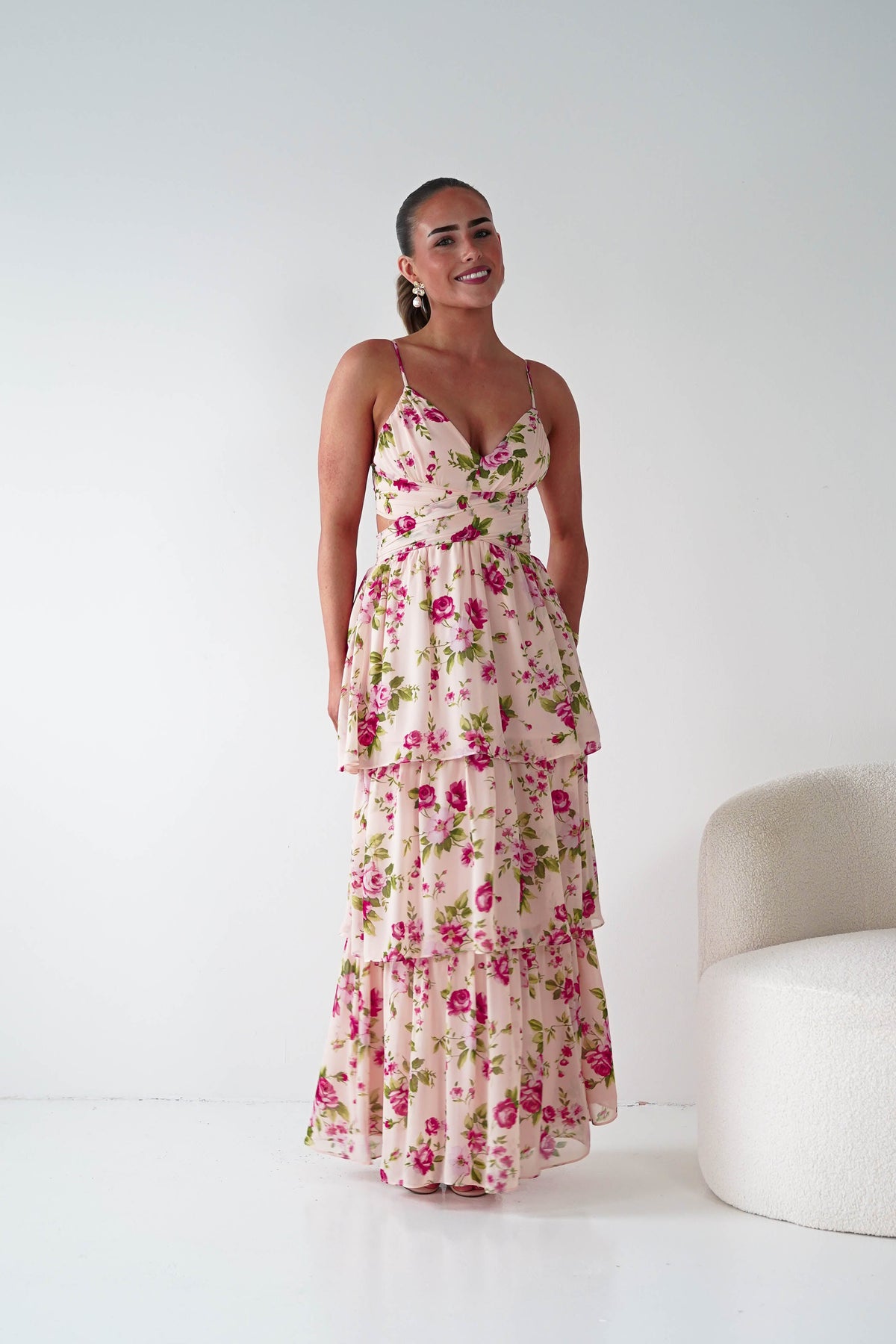 Bella Rose Print Lace-Up Tiered Maxi Dress | Peach-Oh Hello Clothing