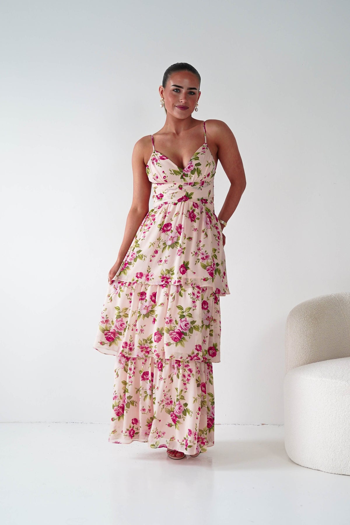Bella Rose Print Lace-Up Tiered Maxi Dress | Peach-Oh Hello Clothing