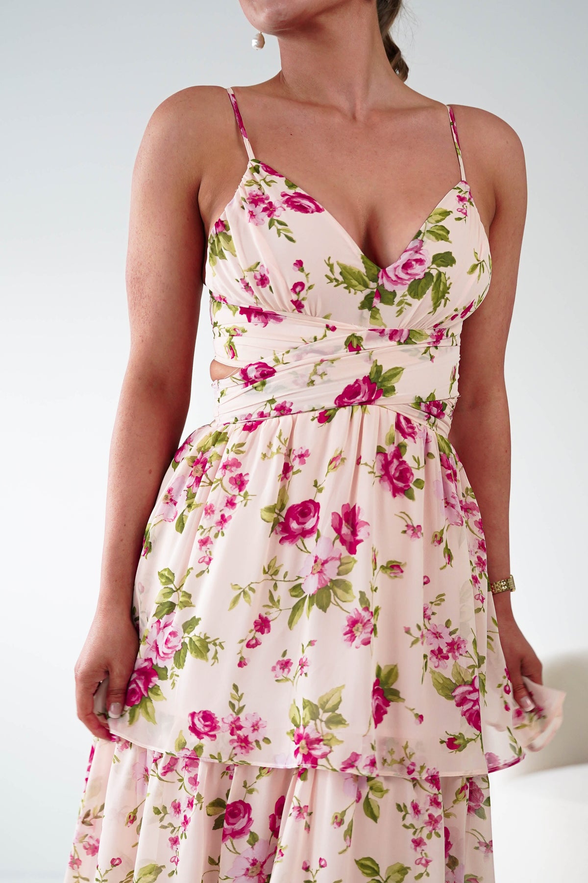 Bella Rose Print Lace-Up Tiered Maxi Dress | Peach-Oh Hello Clothing
