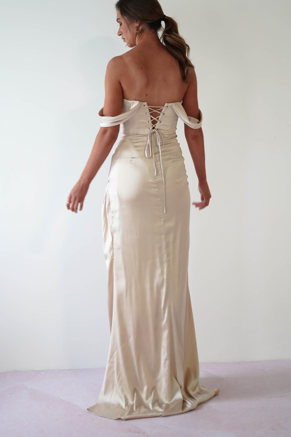 Beth Draped Silky Satin Gown | Champagne-Oh Hello Clothing