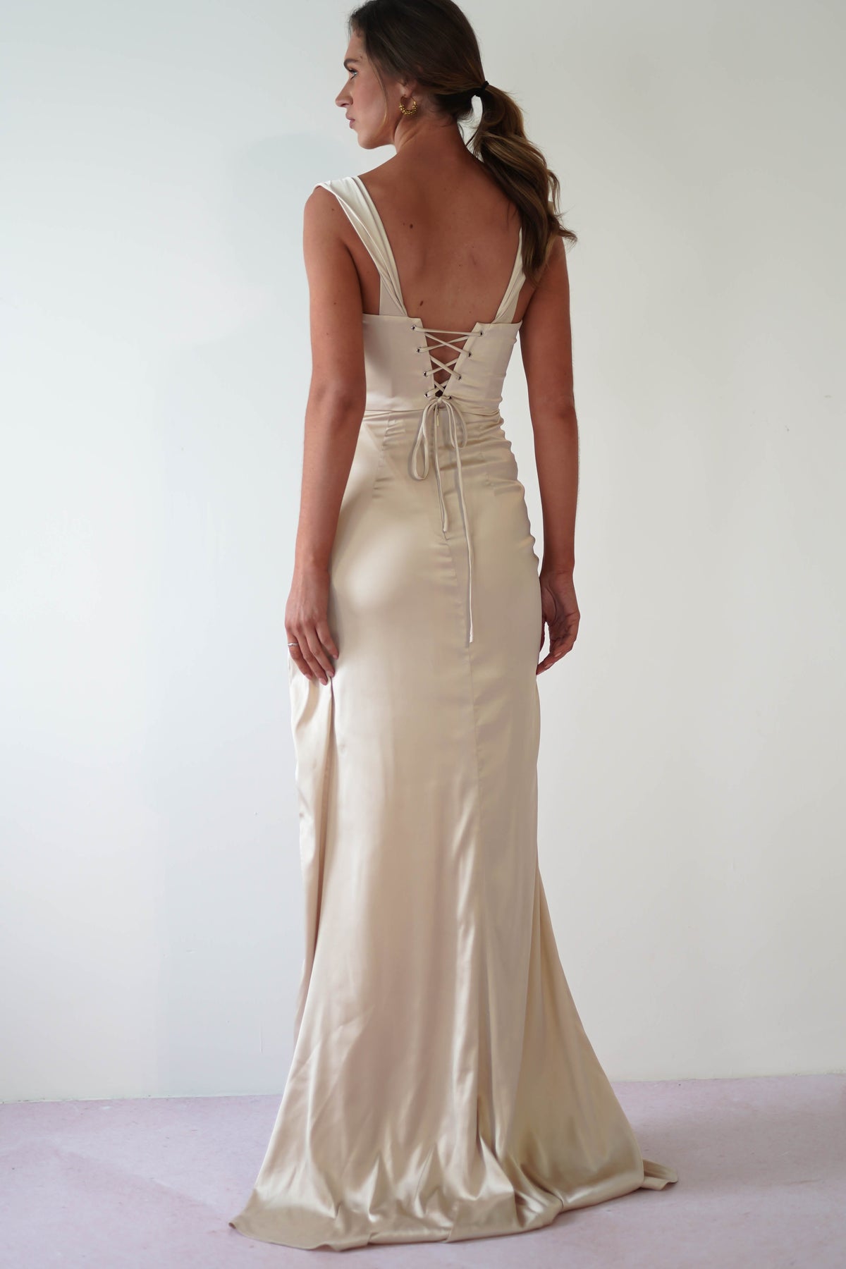 Beth Draped Silky Satin Gown | Champagne-Oh Hello Clothing