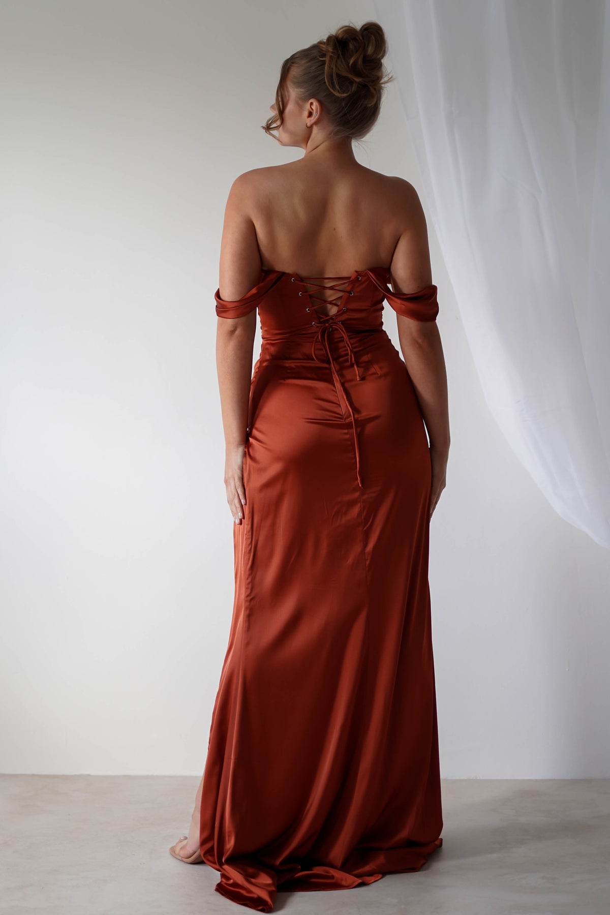 Beth Draped Silky Satin Gown | Rust-Oh Hello Clothing
