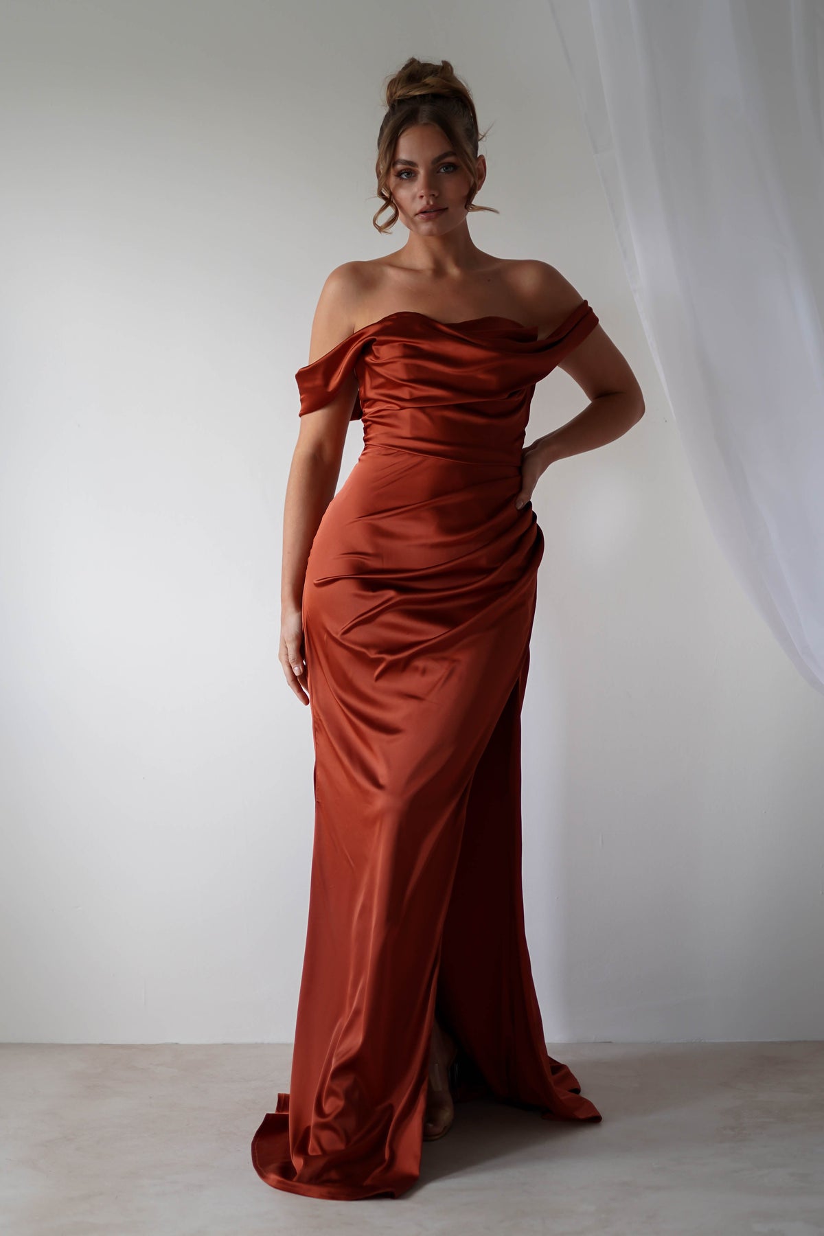 Beth Draped Silky Satin Gown | Rust-Oh Hello Clothing