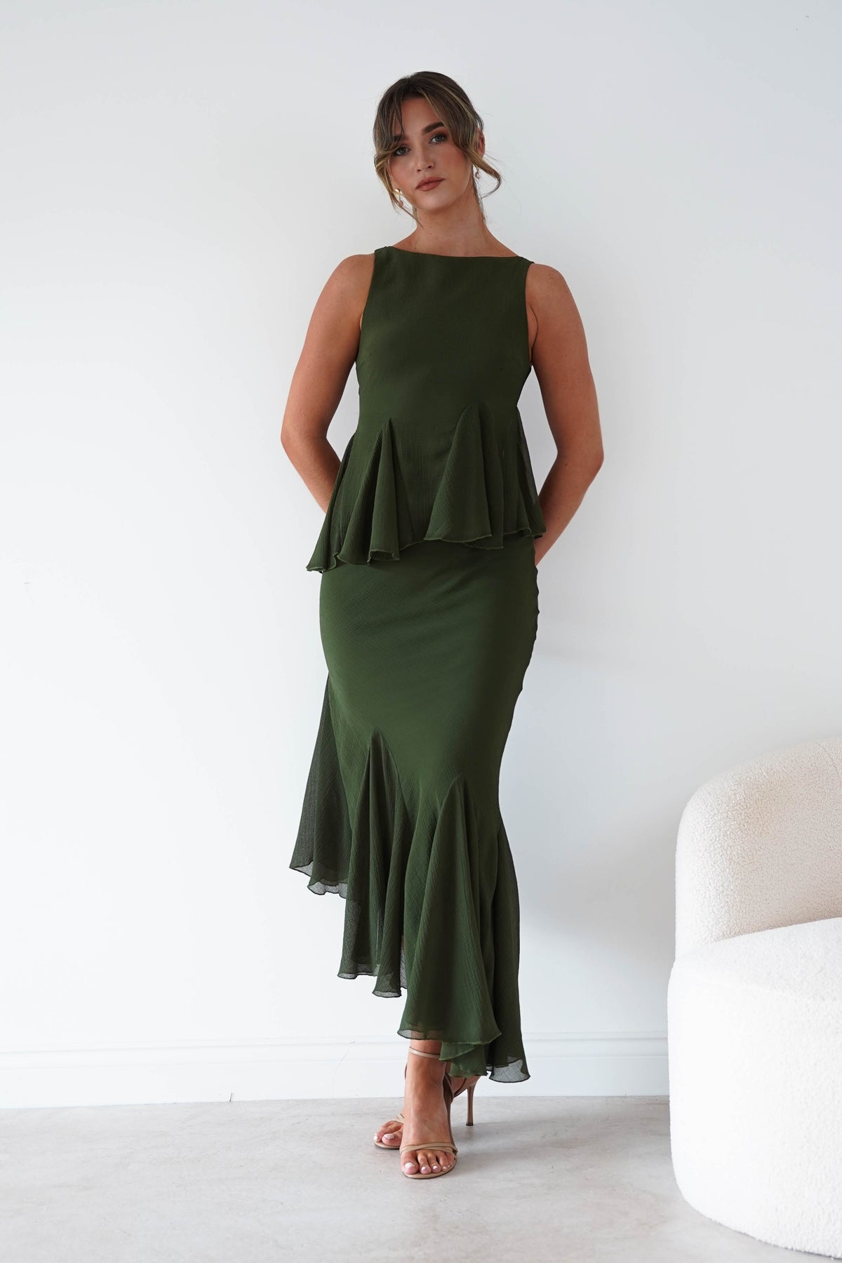 Bianca Peplum Ruffle Midi Dress | Dark Olive-Oh Hello Clothing