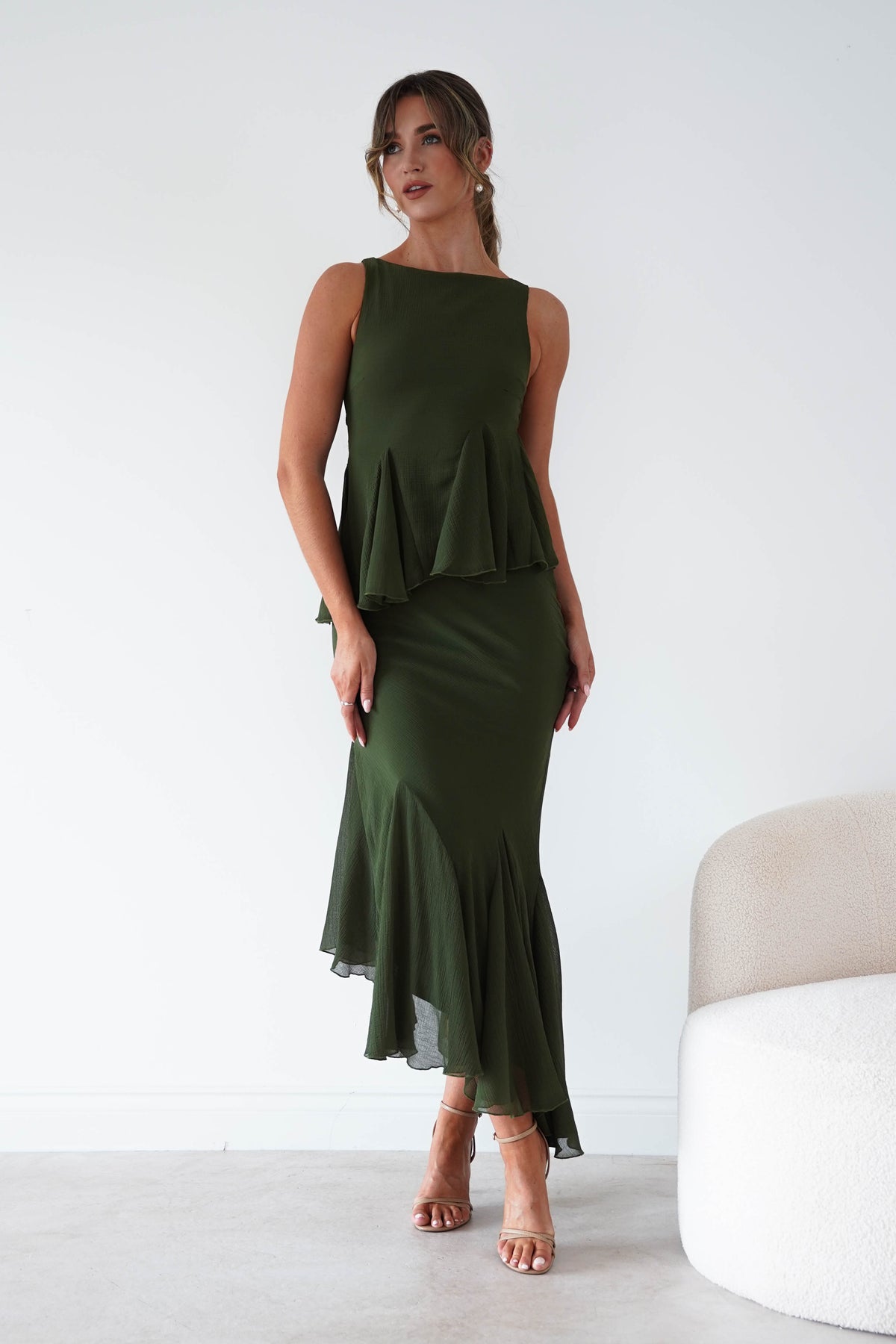 Bianca Peplum Ruffle Midi Dress | Dark Olive-Oh Hello Clothing