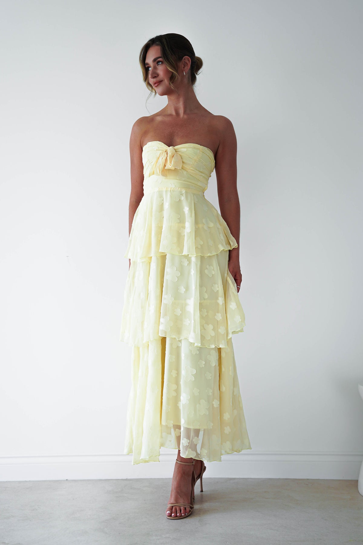 Brailey Strapless Floral Embossed Maxi Dress | Yellow-Oh Hello Clothing