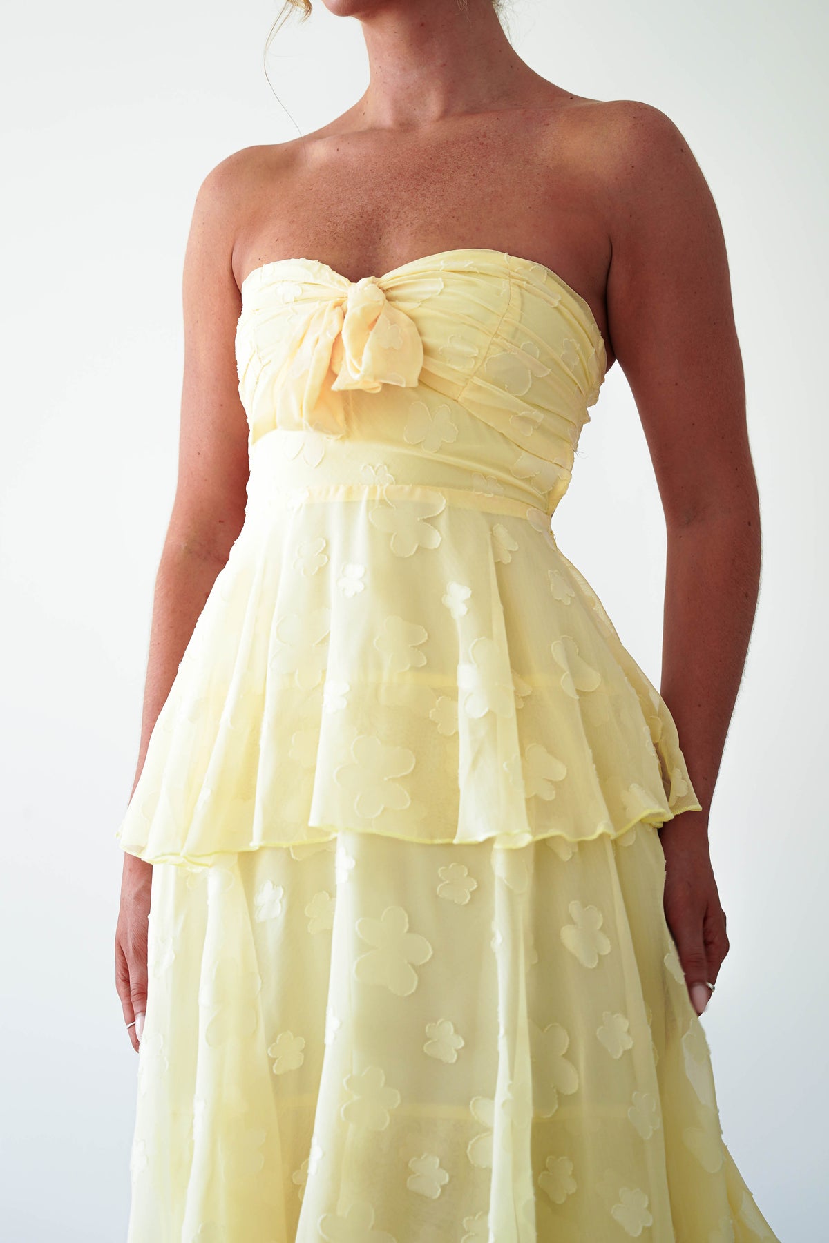 Brailey Strapless Floral Embossed Maxi Dress | Yellow-Oh Hello Clothing