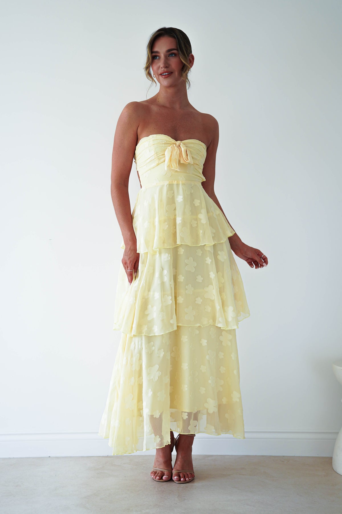 Brailey Strapless Floral Embossed Maxi Dress | Yellow-Oh Hello Clothing