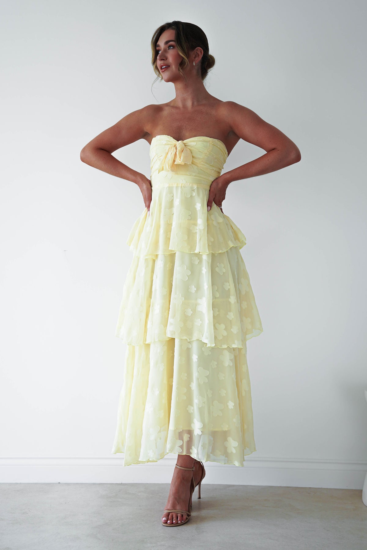 Brailey Strapless Floral Embossed Maxi Dress | Yellow-Oh Hello Clothing