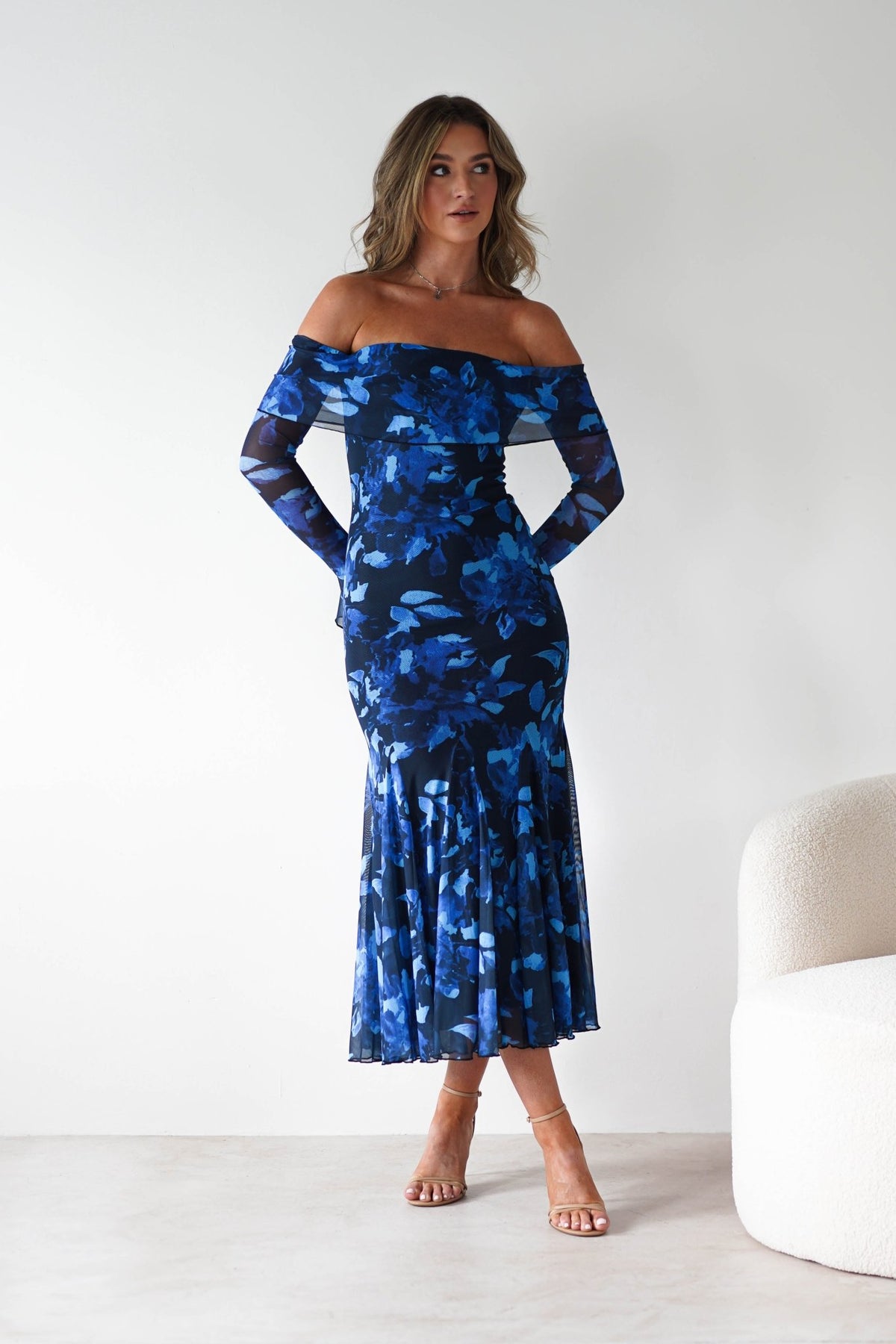 Bryanna Long Sleeve Mesh Maxi Dress | Blue Floral-Oh Hello Clothing
