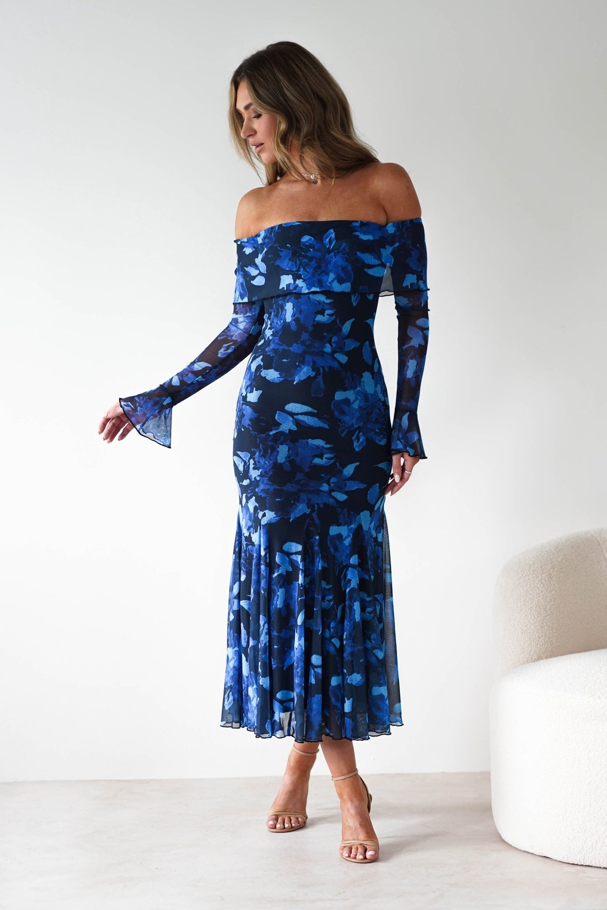 Bryanna Long Sleeve Mesh Maxi Dress | Blue Floral-Oh Hello Clothing