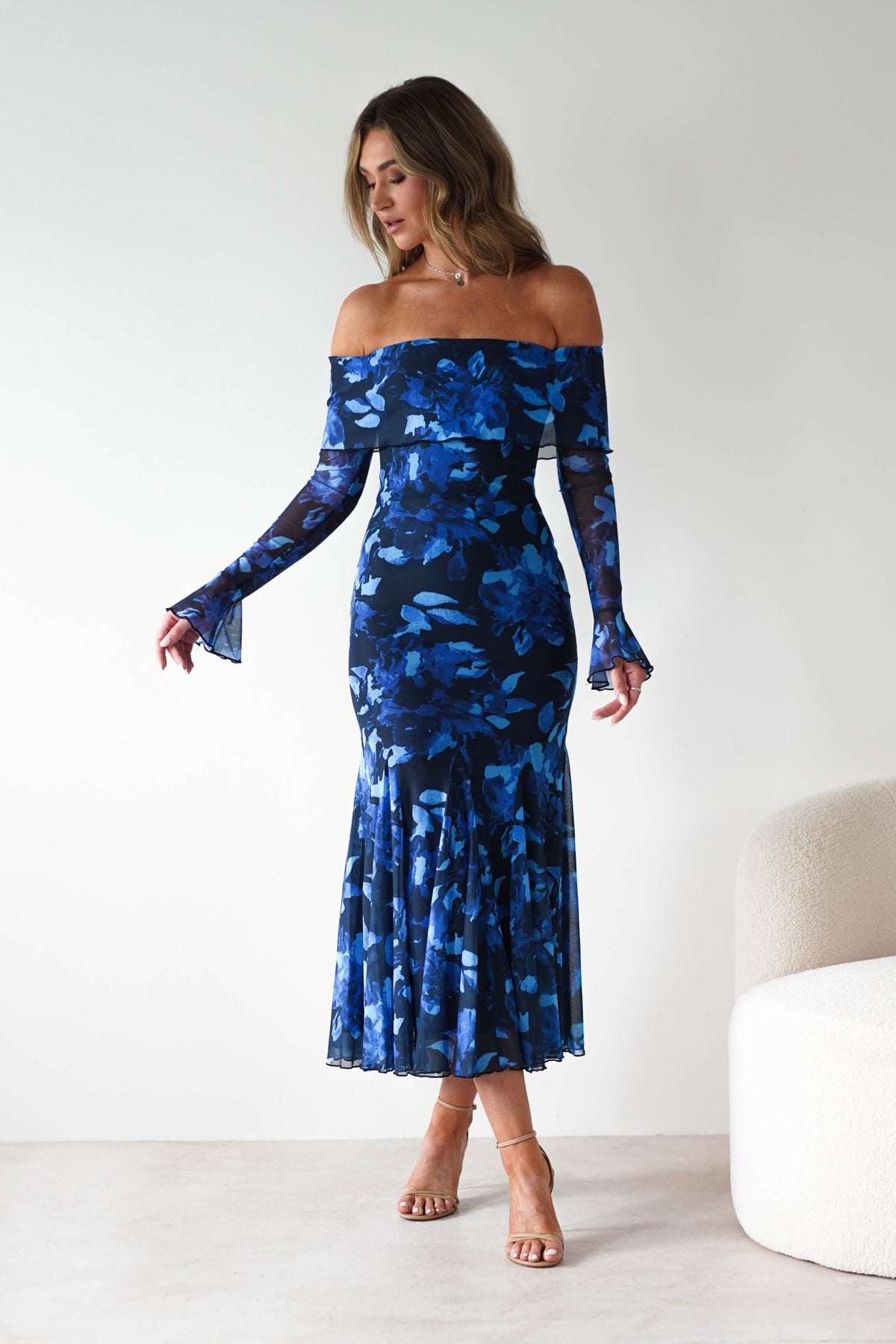Bryanna Long Sleeve Mesh Maxi Dress | Blue Floral-Oh Hello Clothing