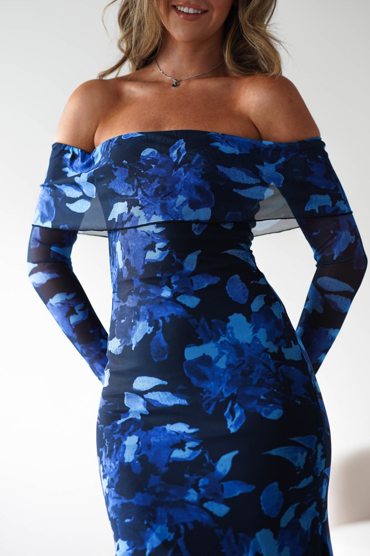 Bryanna Long Sleeve Mesh Maxi Dress | Blue Floral-Oh Hello Clothing