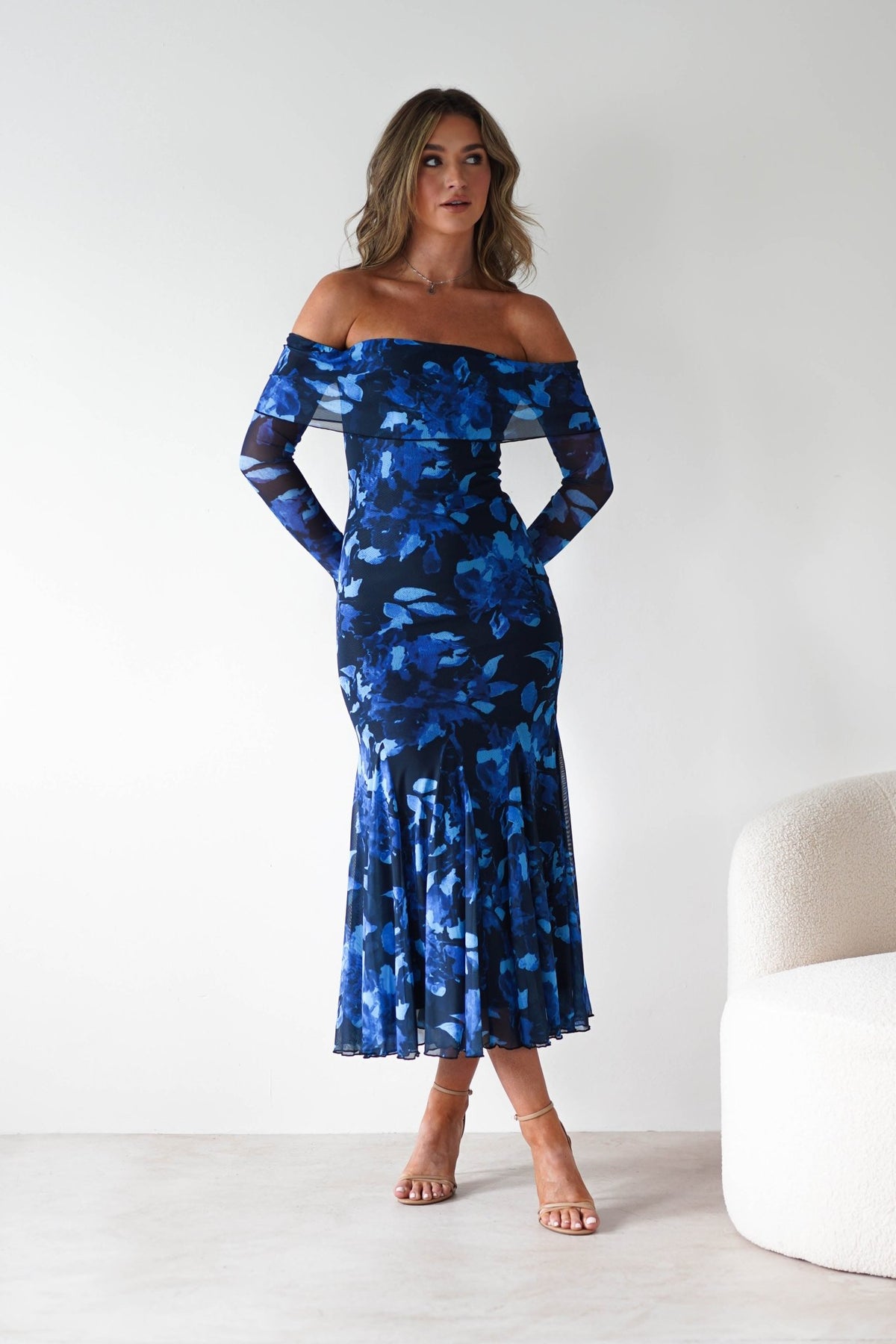 Bryanna Long Sleeve Mesh Maxi Dress | Blue Floral-Oh Hello Clothing