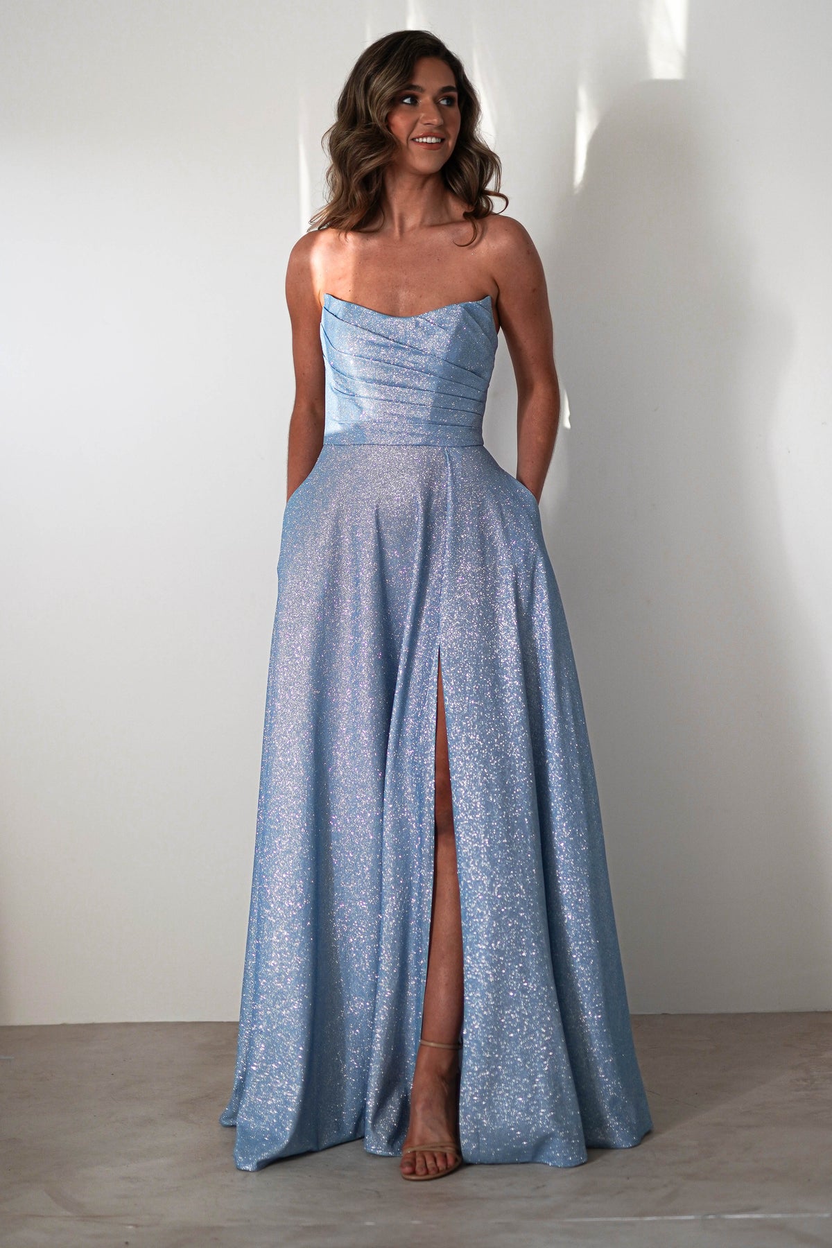 Cassia Strapless Glitter Aline Gown | Blue-Oh Hello Clothing