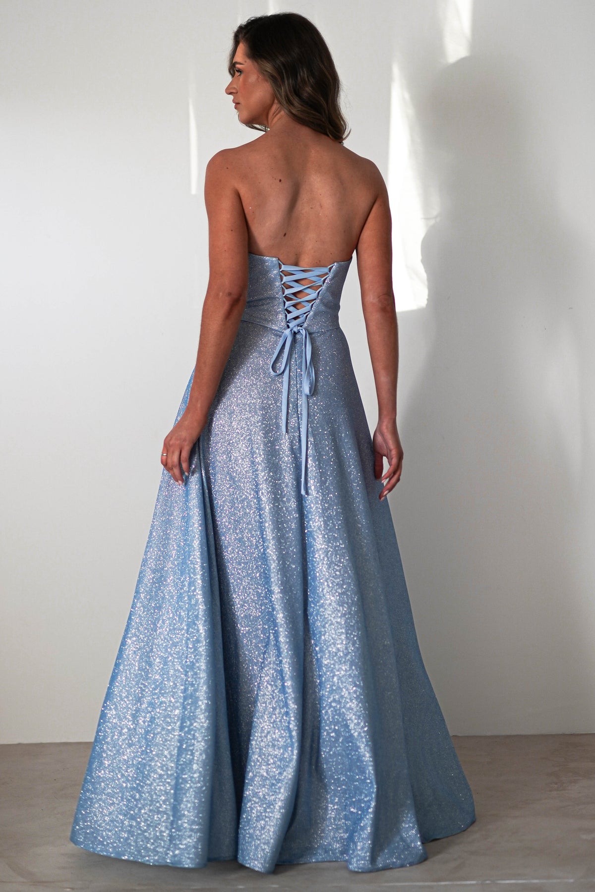 Cassia Strapless Glitter Aline Gown | Blue-Oh Hello Clothing