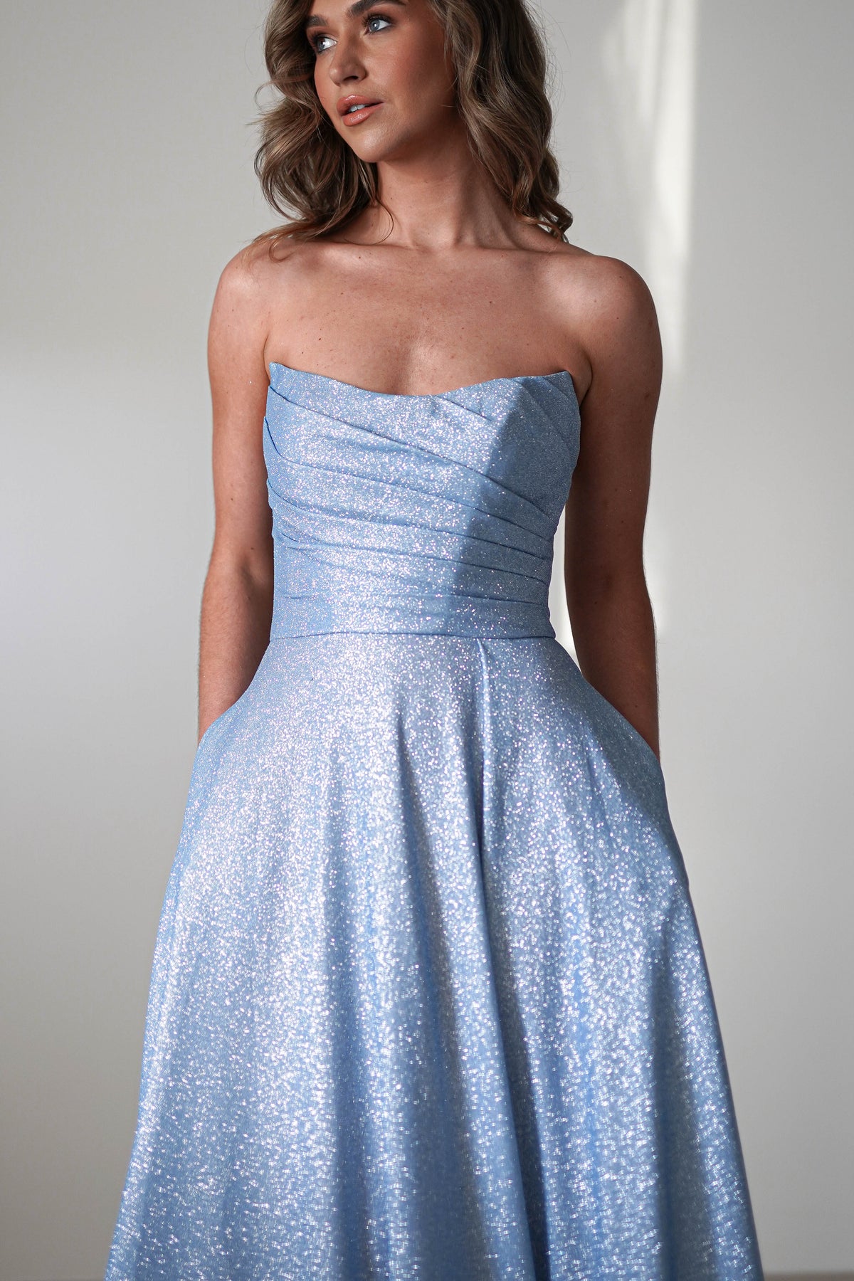 Cassia Strapless Glitter Aline Gown | Blue-Oh Hello Clothing