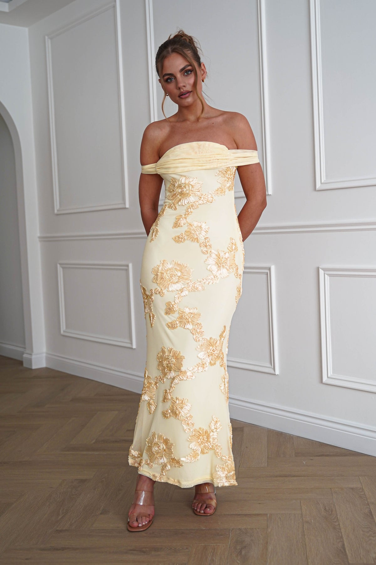 Cassidi Floral Appliqué Mini Dress | Yellow-Oh Hello Clothing