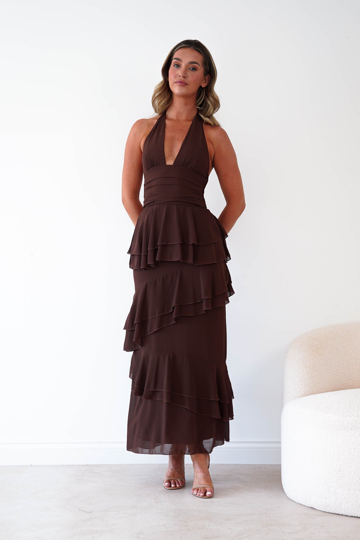 Caterina Tiered Halter Maxi Dress | Brown-Oh Hello Clothing