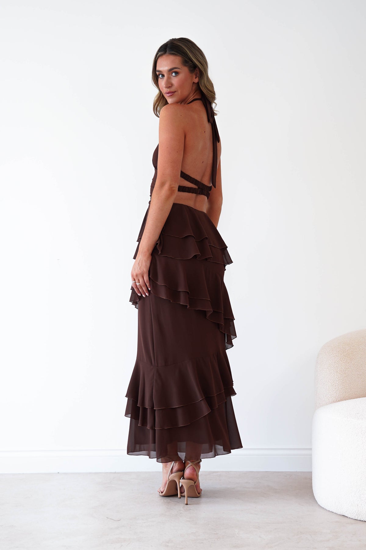 Caterina Tiered Halter Maxi Dress | Brown-Oh Hello Clothing