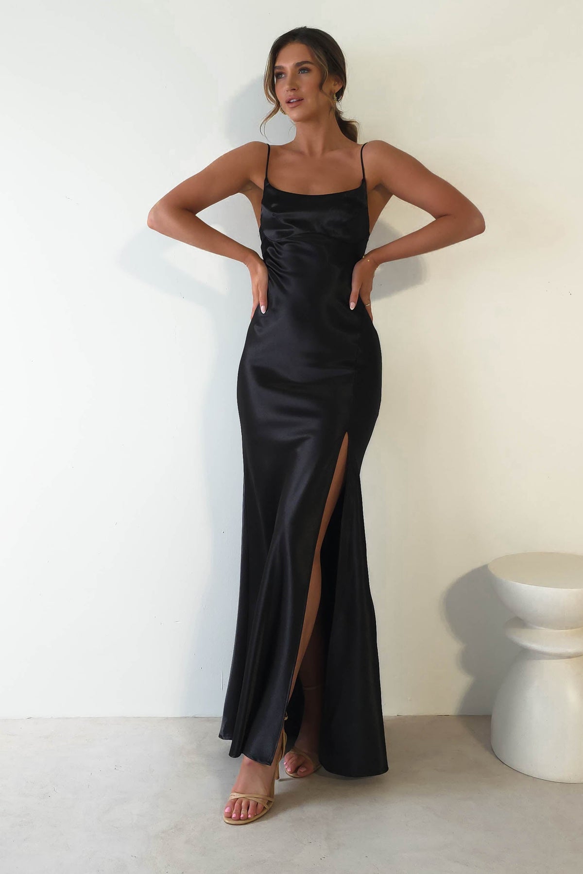 Celinee Satin Maxi Gown | Black-Oh Hello Clothing