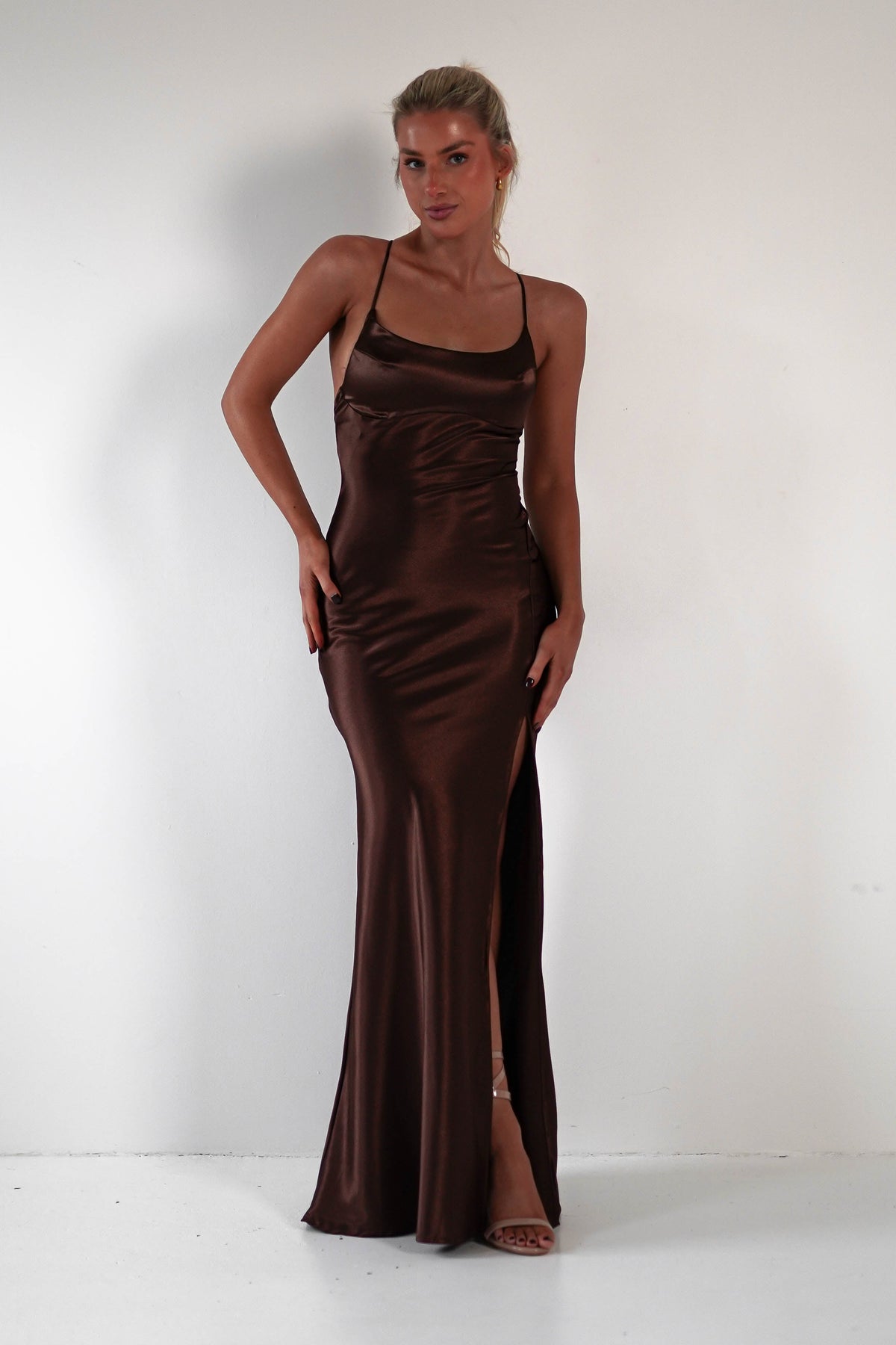 Celinee Satin Maxi Gown | Brown-Oh Hello Clothing