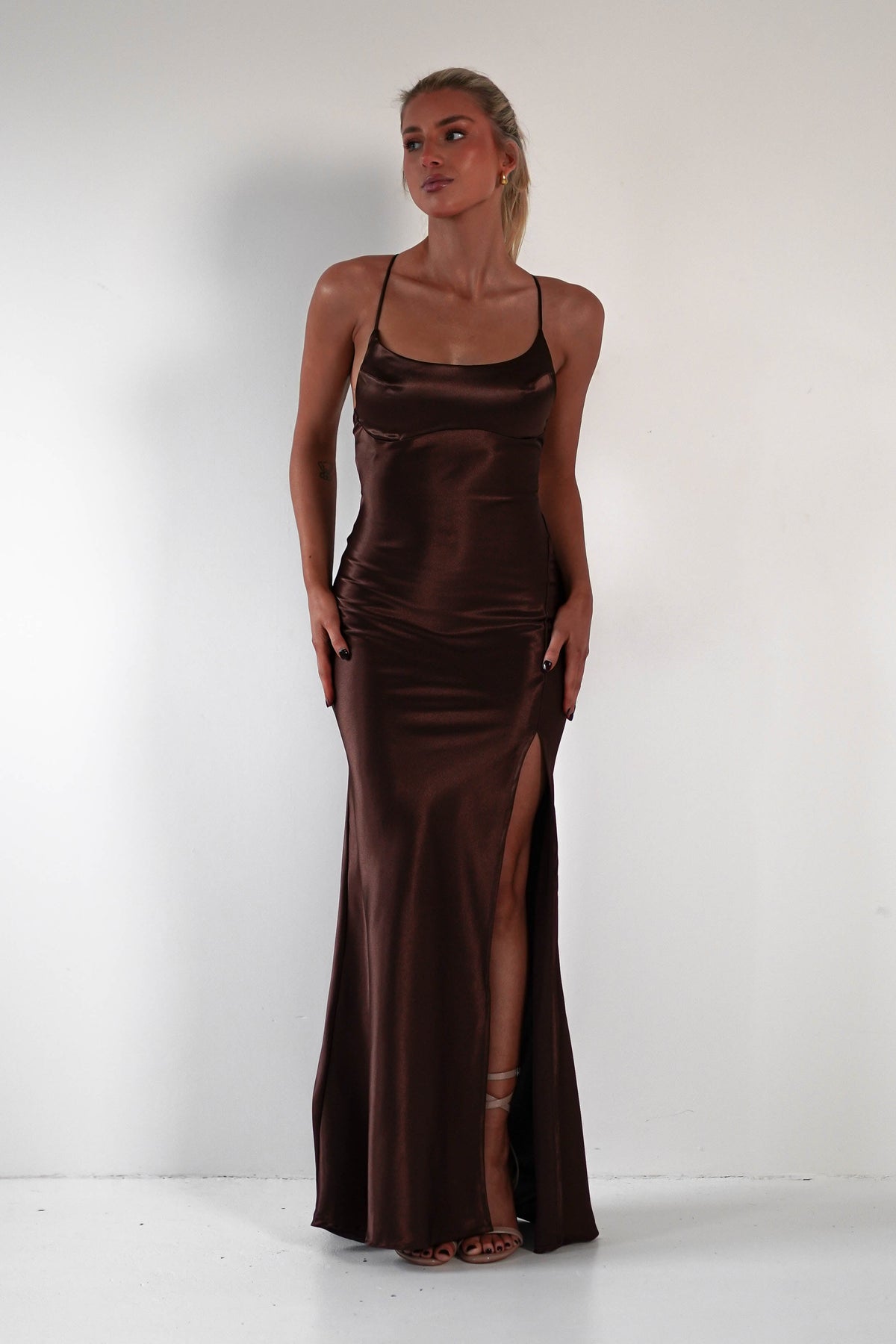 Celinee Satin Maxi Gown | Brown-Oh Hello Clothing