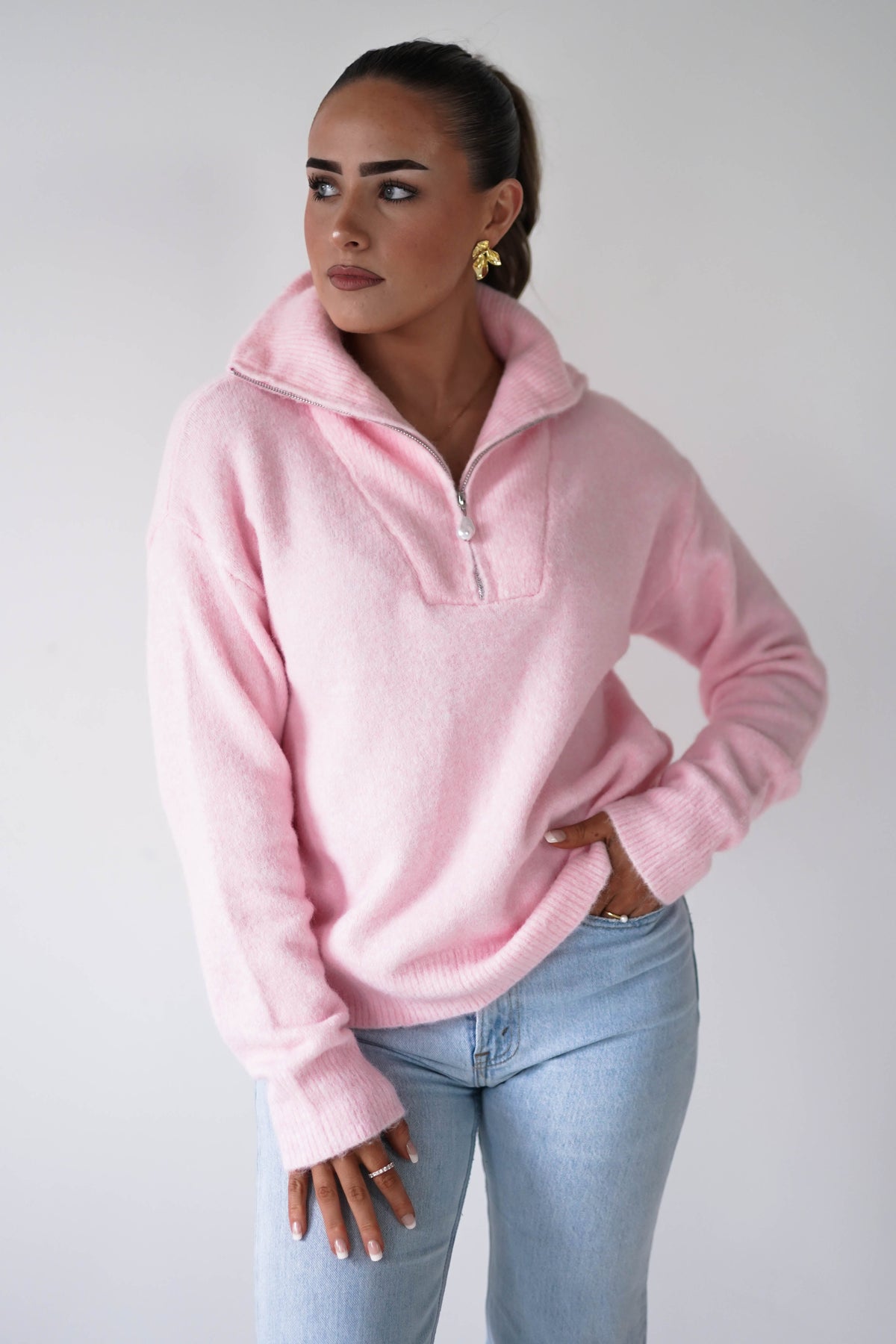 Chaney Half Pink Zip Jumper | Pink-Oh Hello Clothing