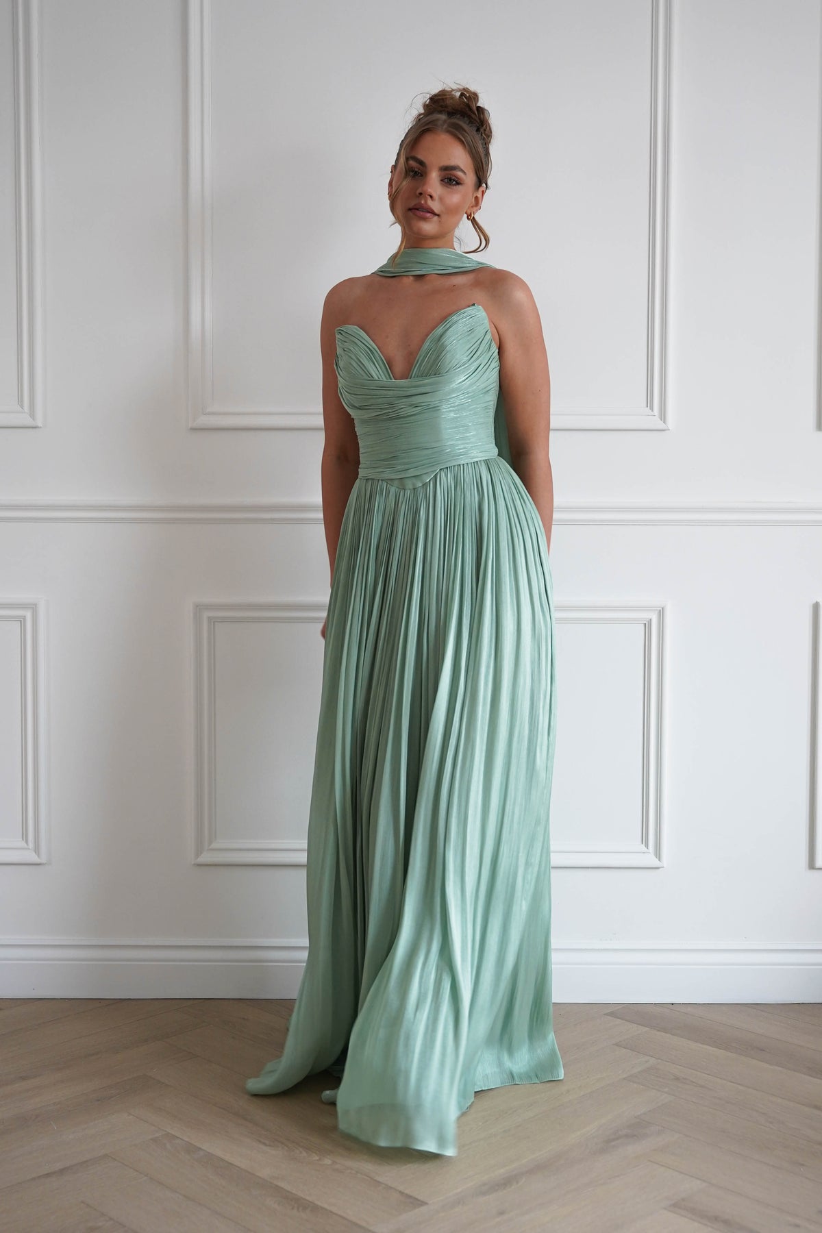 Charla Pleated Luminescent Maxi Gown | Sage-Oh Hello Clothing