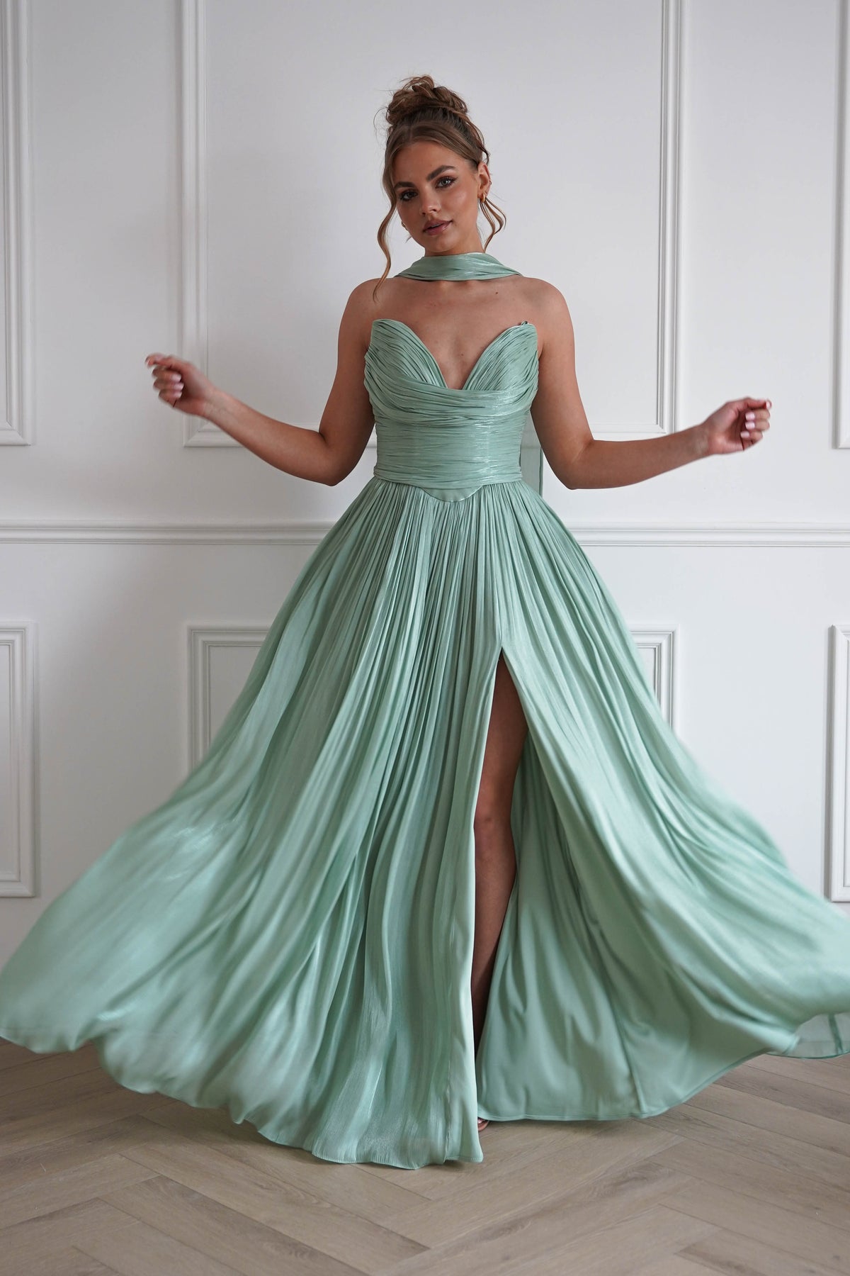 Charla Pleated Luminescent Maxi Gown | Sage-Oh Hello Clothing