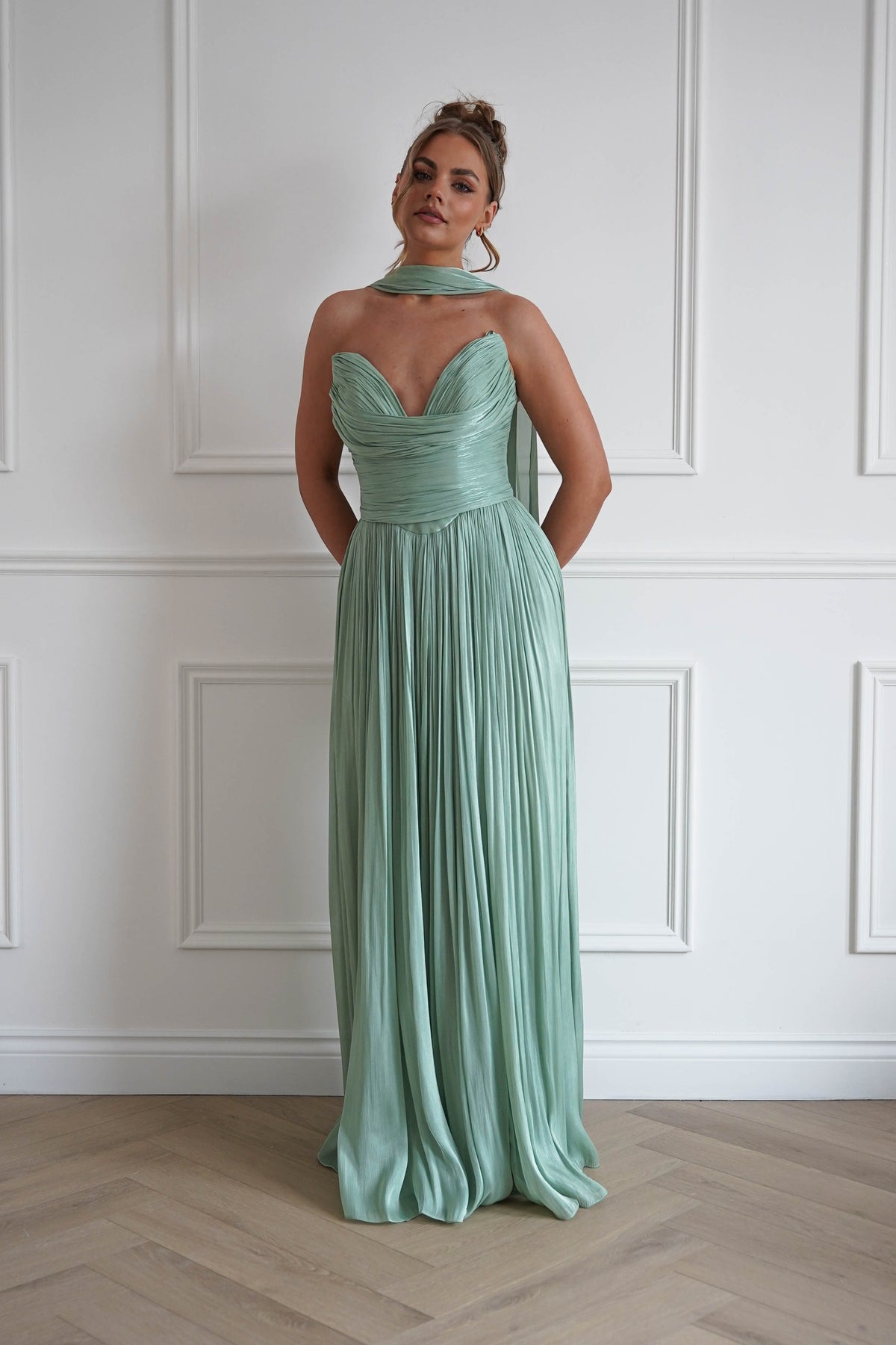 Charla Pleated Luminescent Maxi Gown | Sage-Oh Hello Clothing