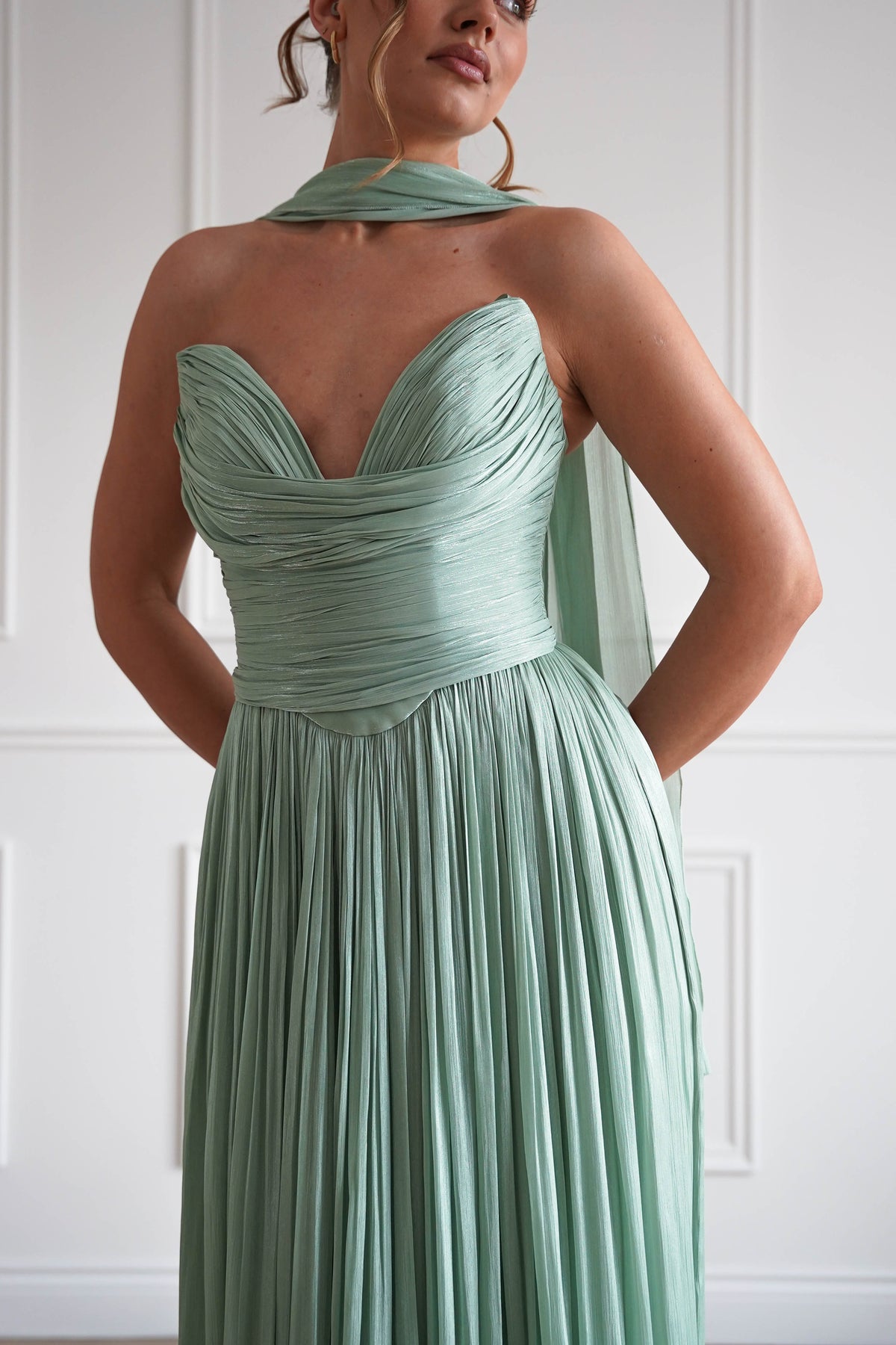 Charla Pleated Luminescent Maxi Gown | Sage-Oh Hello Clothing