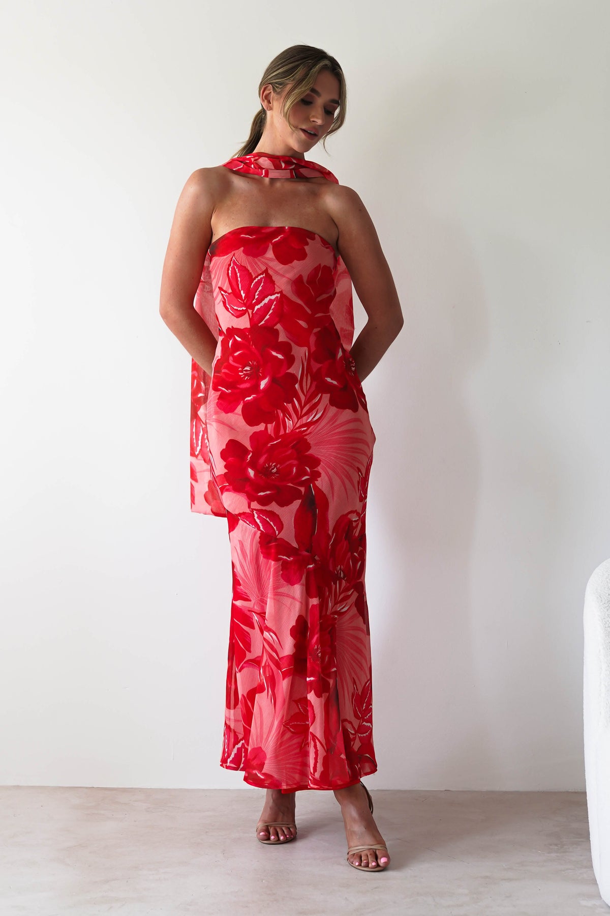 Charlene Floral Chiffon Maxi Dress | Red Print-Oh Hello Clothing
