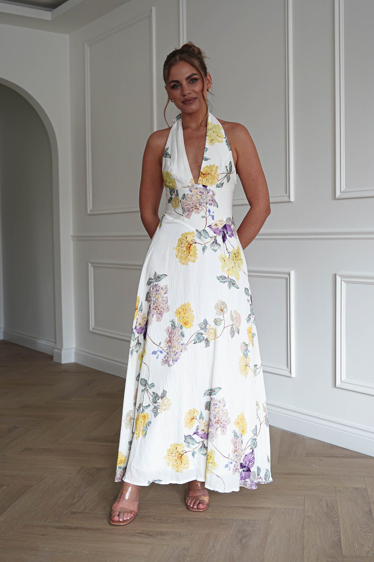 Charlotte Floral Pink Maxi Dress | White/Yellow-Oh Hello Clothing