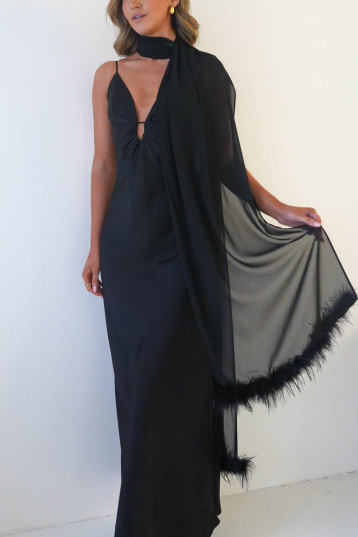 Chelle Chiffon Wrap Shawl With Feather Trim | Black-Oh Hello Clothing