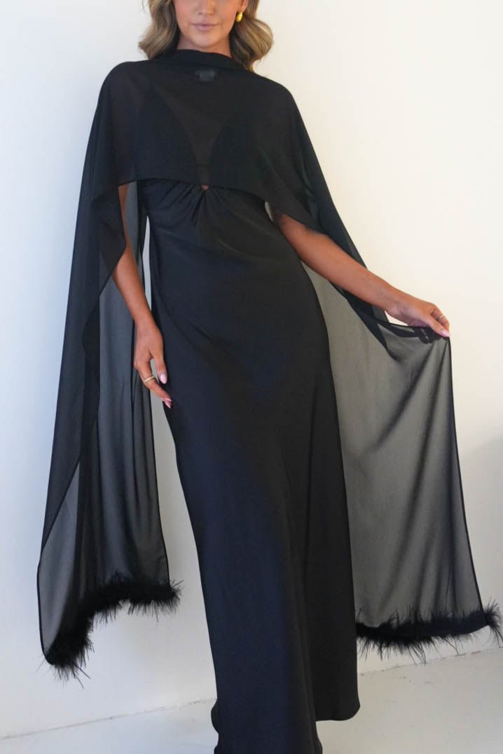 Chelle Chiffon Wrap Shawl With Feather Trim | Black-Oh Hello Clothing