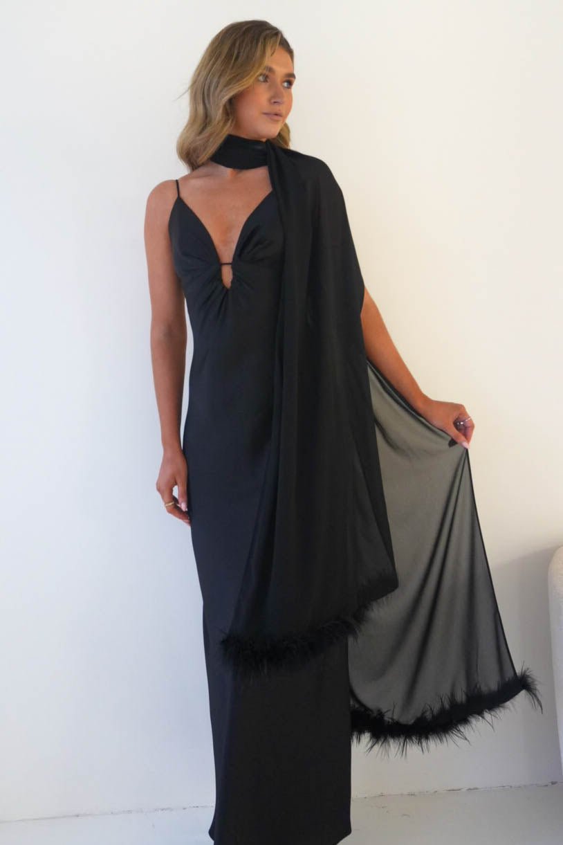 Chelle Chiffon Wrap Shawl With Feather Trim | Black-Oh Hello Clothing