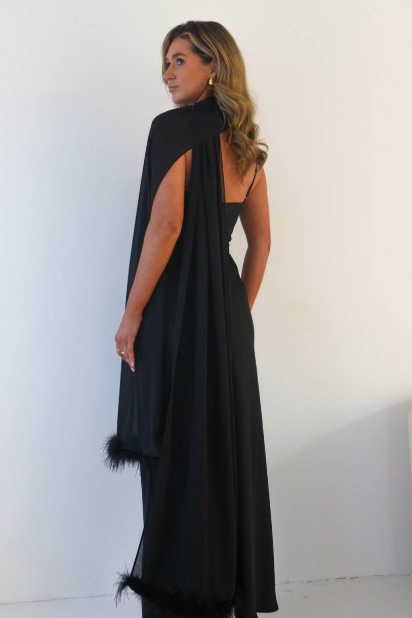 Chelle Chiffon Wrap Shawl With Feather Trim | Black-Oh Hello Clothing