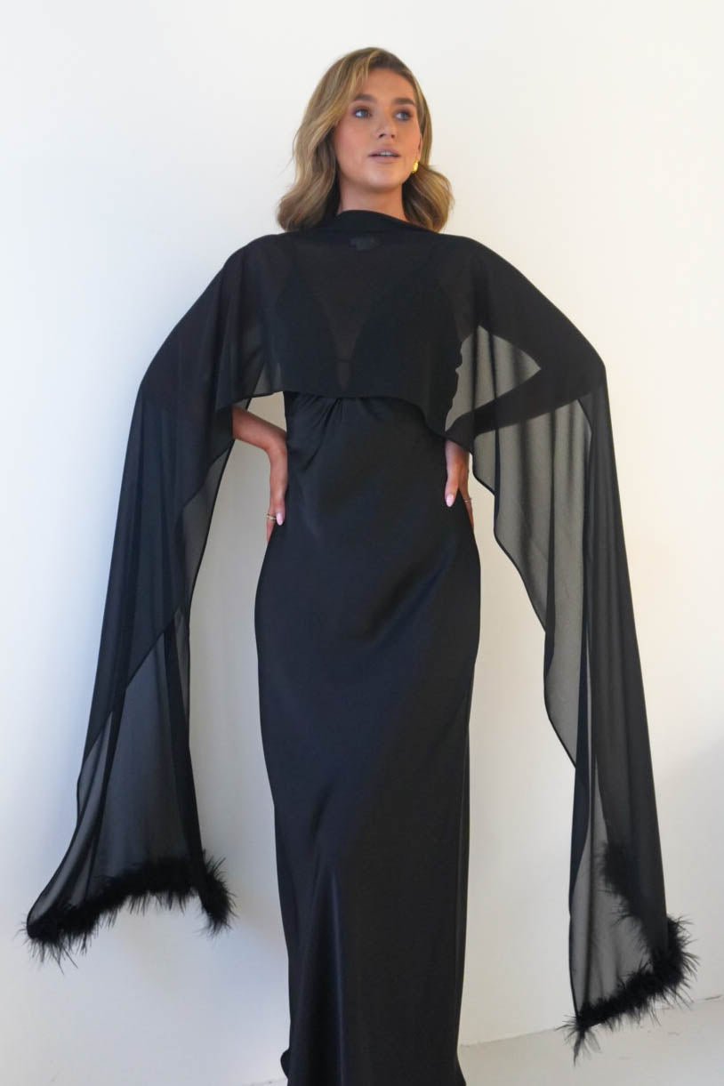 Chelle Chiffon Wrap Shawl With Feather Trim | Black-Oh Hello Clothing