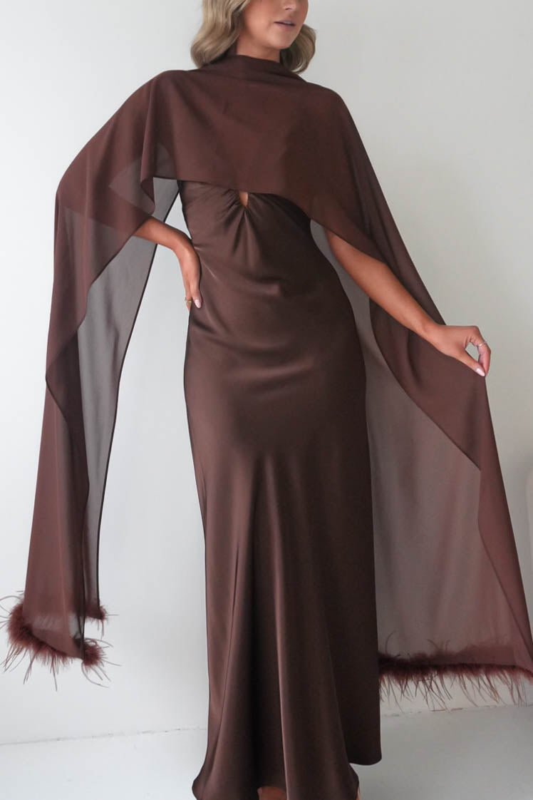 Chelle Chiffon Wrap Shawl With Feather Trim | Brown-Oh Hello Clothing