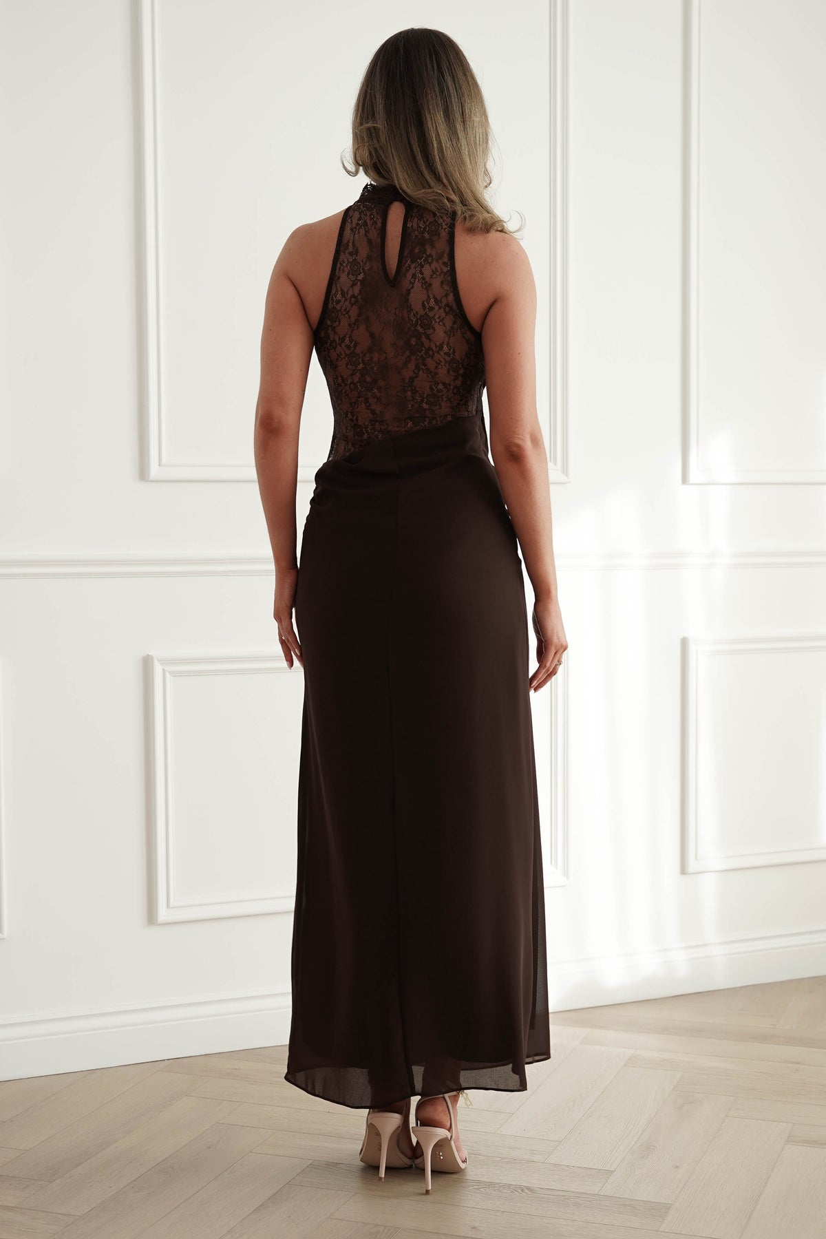 Clarisse Lace Maxi Dress in Brown