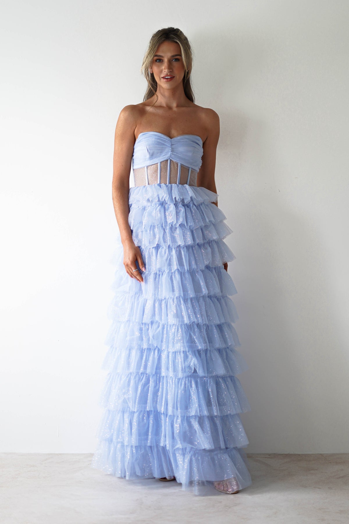 Claudette Ruffle Glitter Maxi Dress | Blue-Oh Hello Clothing