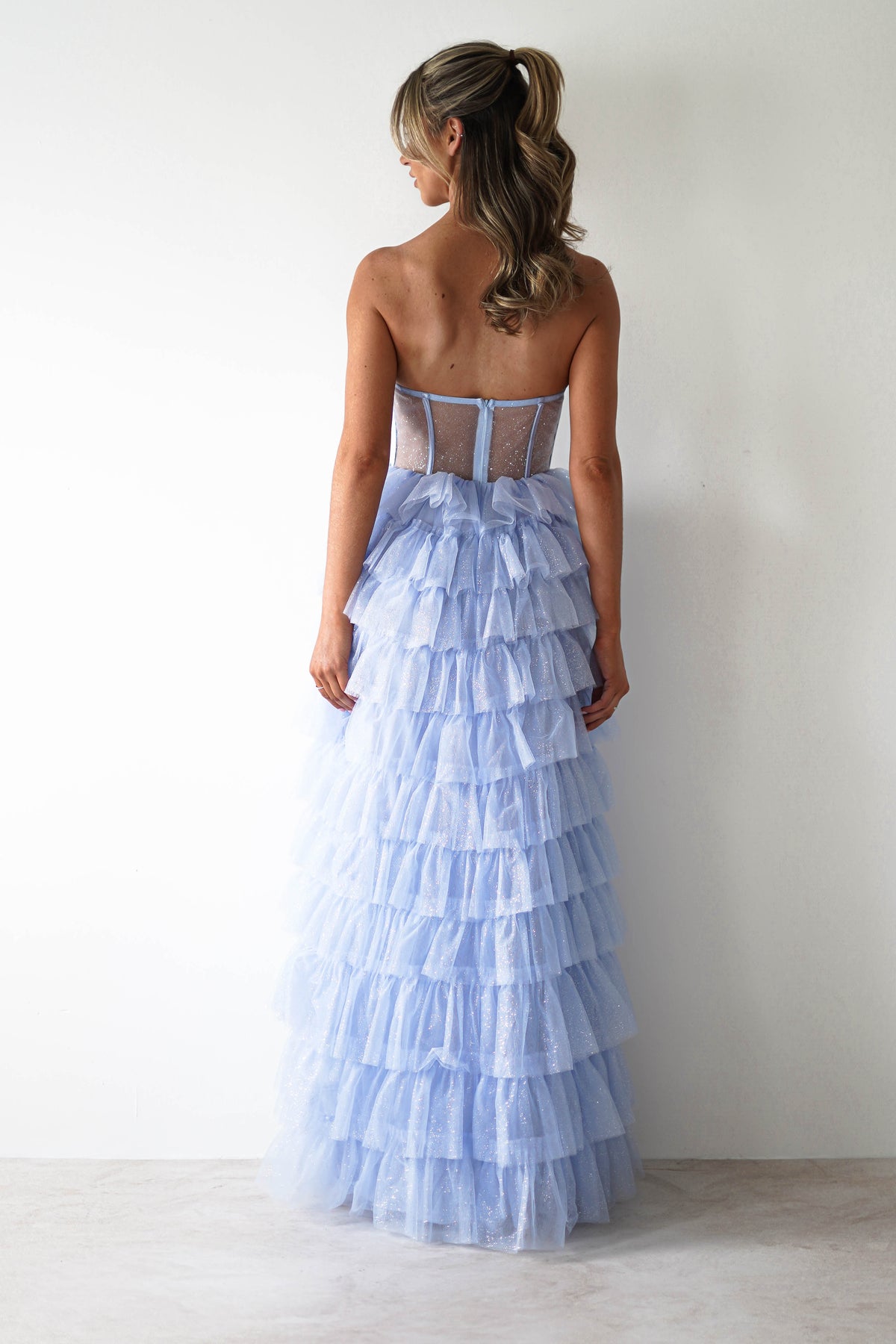 Claudette Ruffle Glitter Maxi Dress | Blue-Oh Hello Clothing